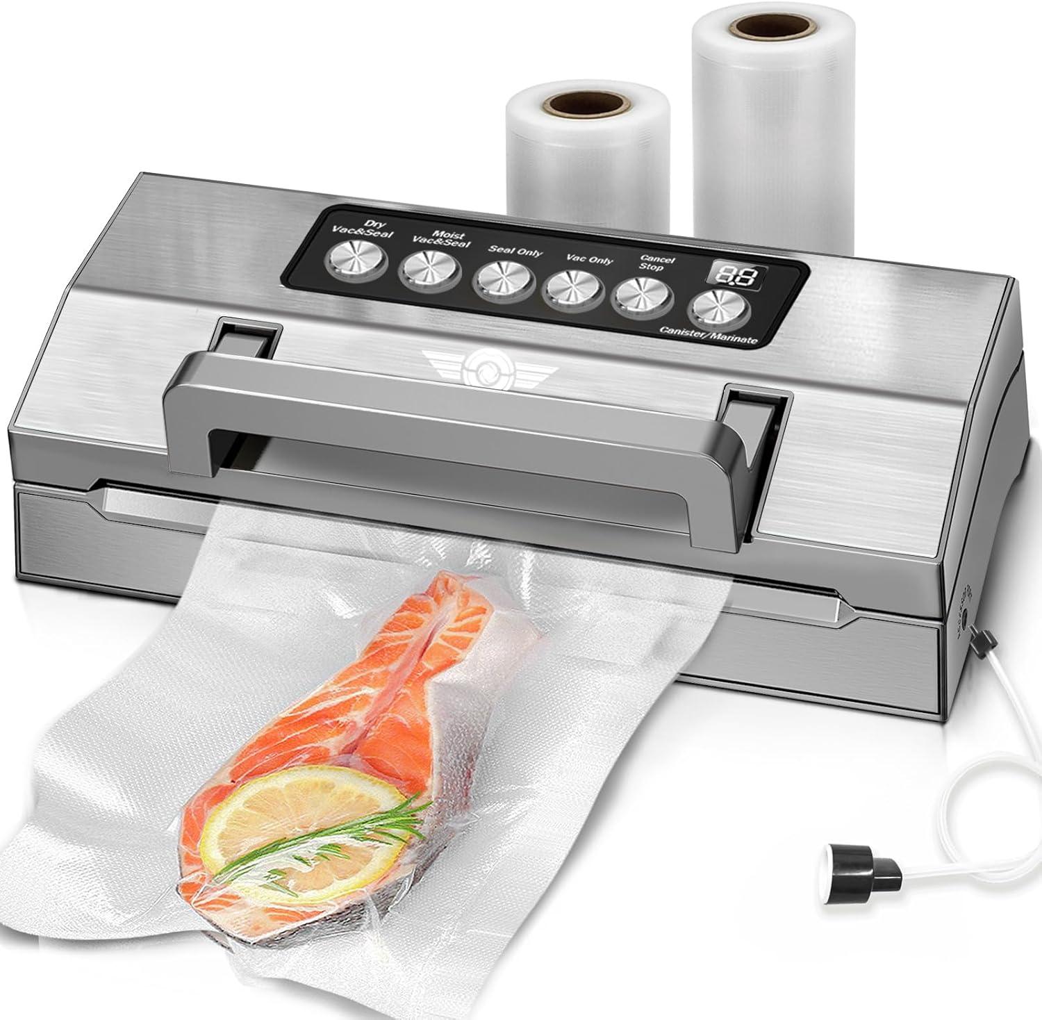 Precision Food Vacuum Sealer Machine, Fully Automatic Vacuum Sealing System, Commercial Food Vacuum Saver Pro, Double Heat Seal, Easy-Lock Handle, Built-in Cutter&Bag Storage, Hose&Bag Rolls