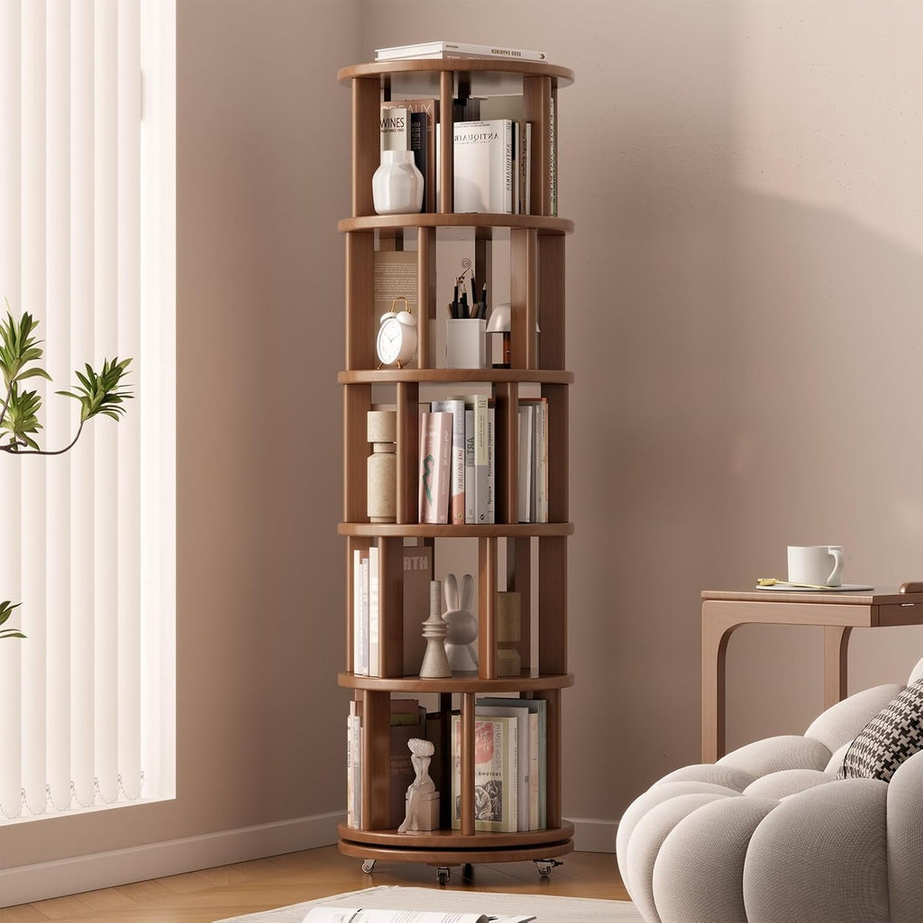 Solid Wood Rotating Bookshelf on Wheels, 5 Tier, Round Revolving Bookcase, 360° Spinning Book Shelf Tower for Kids, Narrow Rolling Bookshelves for Small Space, Corner, Bedroom, Office
