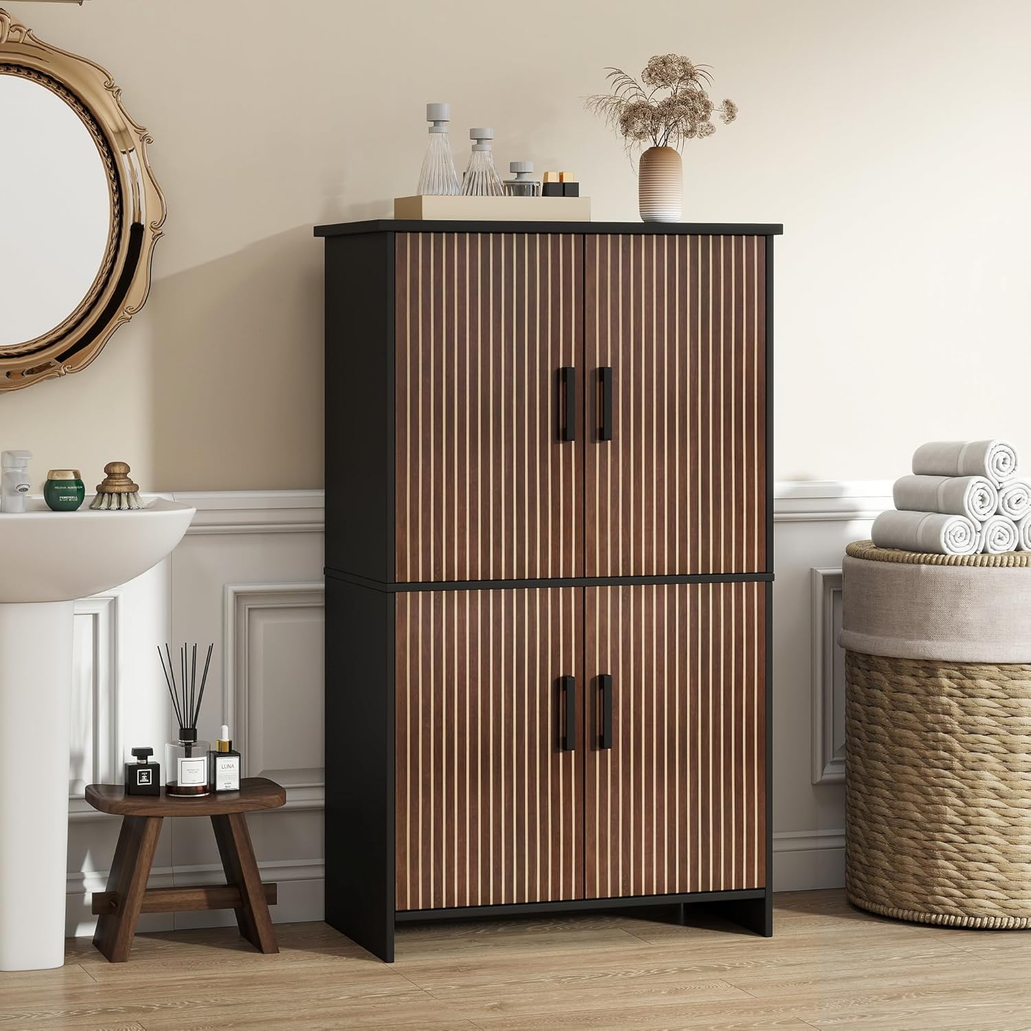 Bathroom Storage Cabinet, Floor Cabinet with 4 Fluted Doors and 2 Adjustable Shelves Wooden Tall Freestanding Organizers and Storage