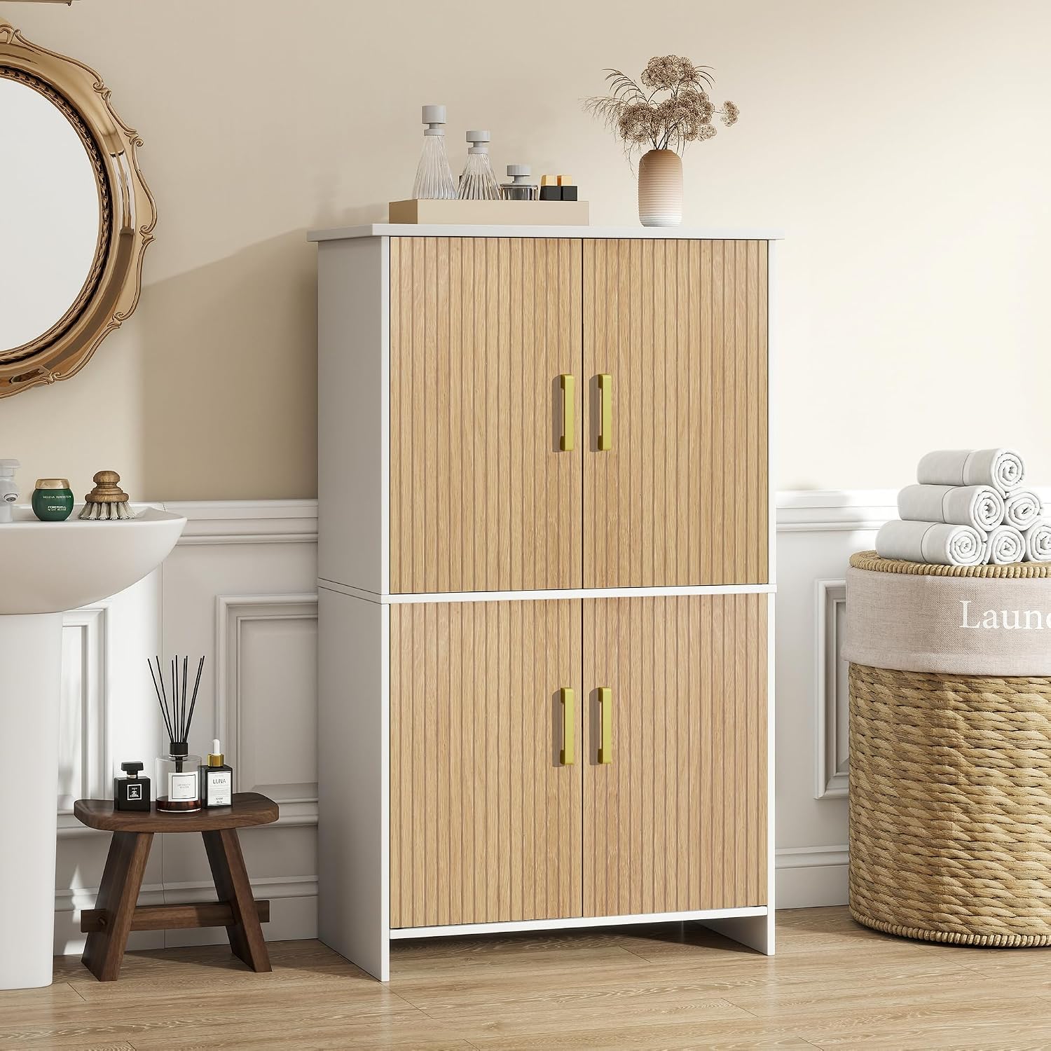 Bathroom Storage Cabinet, Floor Cabinet with 4 Fluted Doors and 2 Adjustable Shelves Wooden Tall Freestanding Organizers and Storage