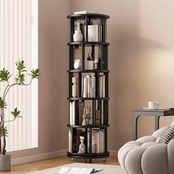 Solid Wood Rotating Bookshelf on Wheels, 5 Tier, Round Revolving Bookcase, 360° Spinning Book Shelf Tower for Kids, Narrow Rolling Bookshelves for Small Space, Corner, Bedroom, Office