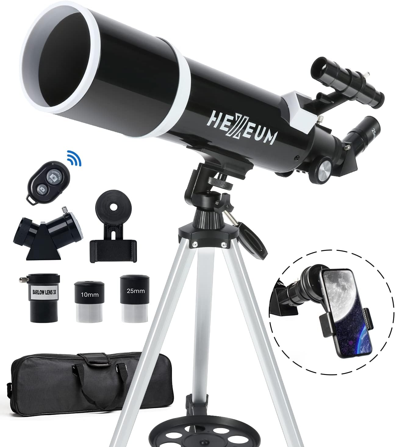 80mm 600mm Telescope for Adults & Beginners, AZ Mount Stargazing | 80mm 600mm telescope for adults and beginners; fully multi-coated high-transmission optics, phone adapter, remote and bag