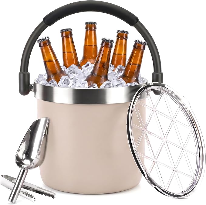 256 oz / 7L Insulated Ice Bucket with Lid and Handle, Stainless Steel Beverage Bucket for Beer, Wine & Champagne, Double Wall Vacuum Cooler for Parties, Patio & Outdoor Entertaining