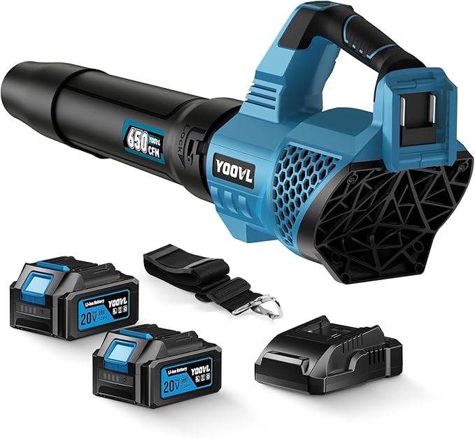 Leaf Blower Cordless, 650CFM Electric Leaf Blowers with 2 x 5.2Ah Batteries and Charger, 3 Speed Modes, 1 x Adjustable Shoulder Strap, Powerful Snow Blowers for Lawn Care, Patio, Dust, Blowing Leaves