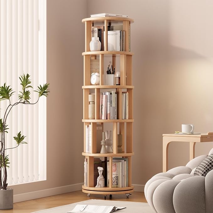 Solid Wood Rotating Bookshelf on Wheels, 5 Tier, Round Revolving Bookcase, 360° Spinning Book Shelf Tower for Kids, Narrow Rolling Bookshelves for Small Space, Corner, Bedroom, Office