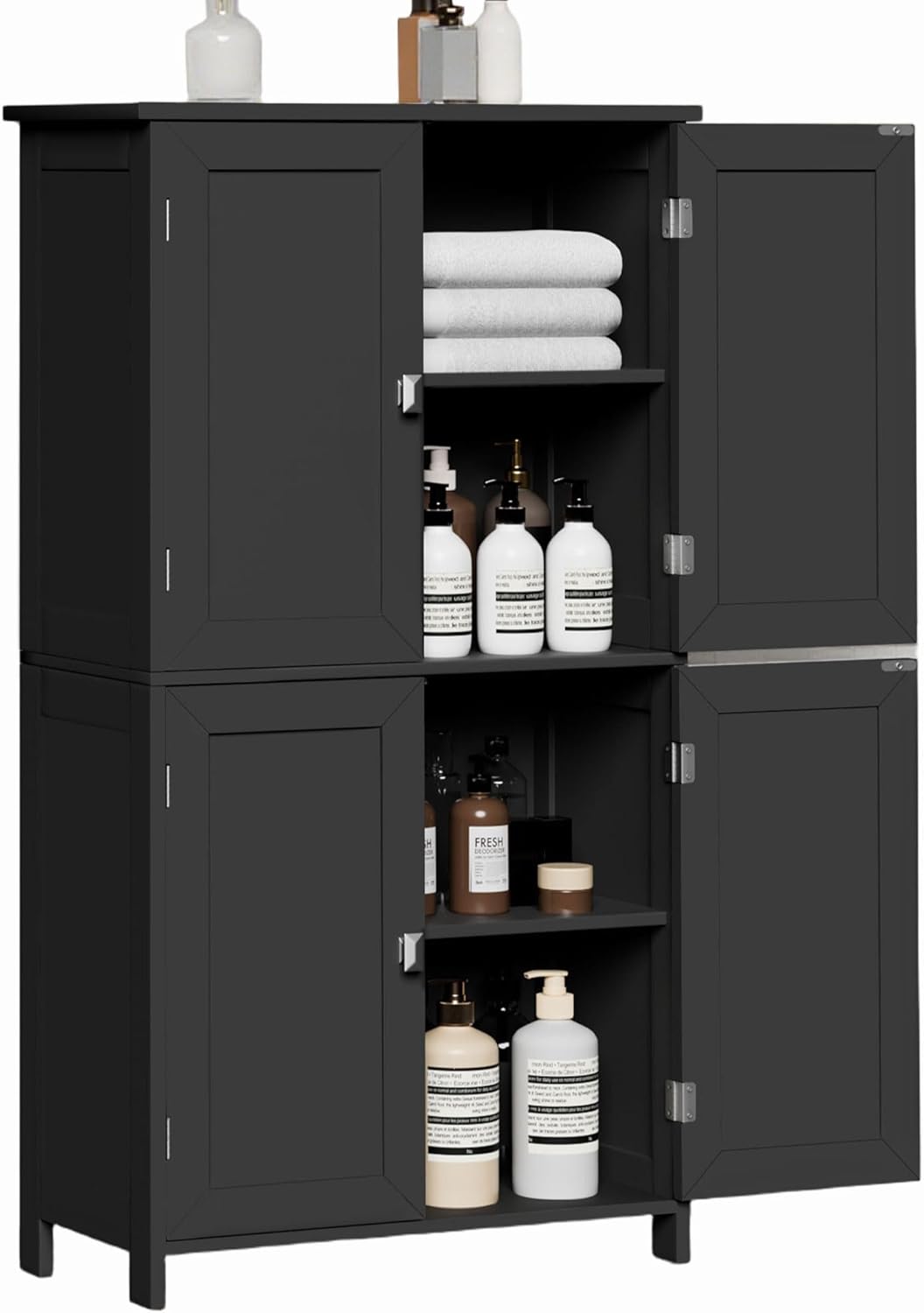 Bathroom Storage Cabinet, Floor Cabinet with 4 Fluted Doors and 2 Adjustable Shelves Wooden Tall Freestanding Organizers and Storage