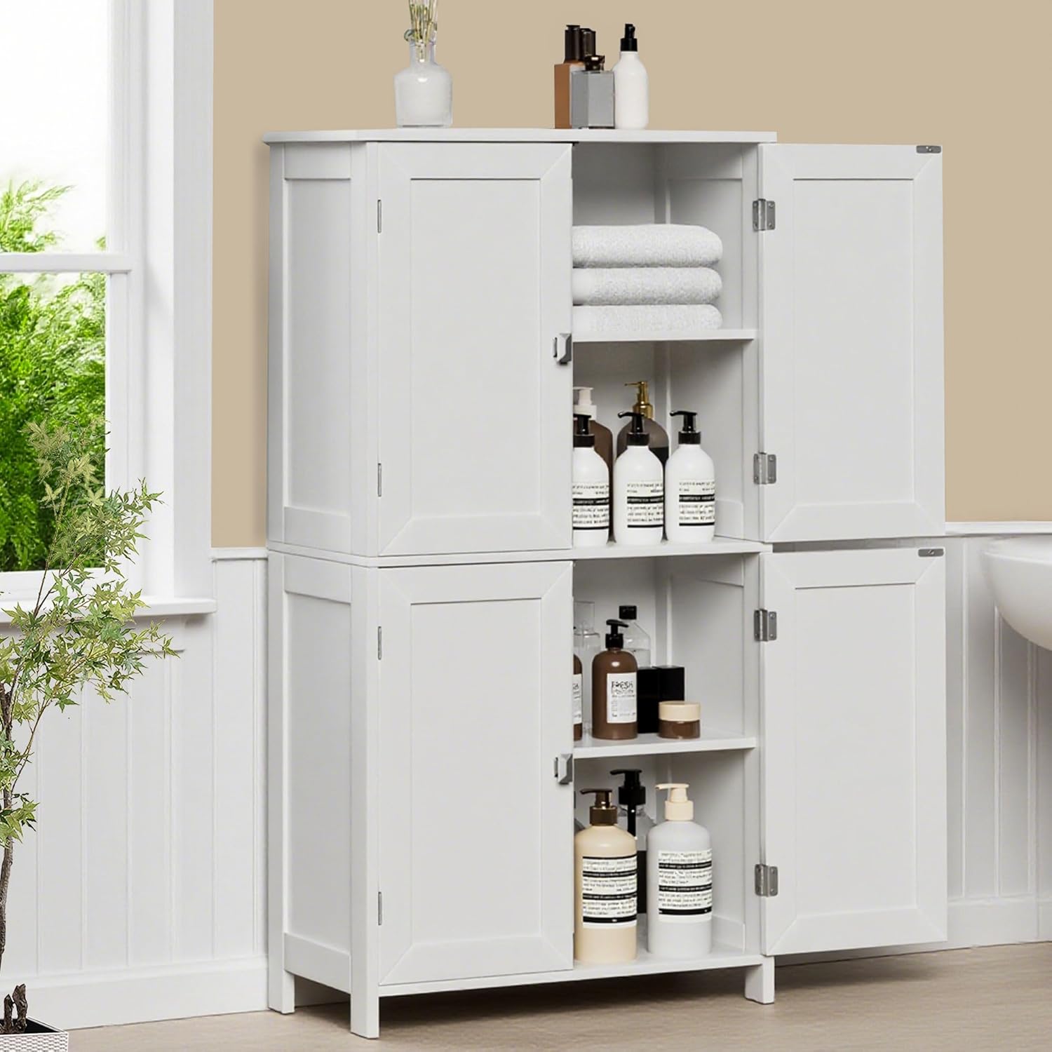 Bathroom Storage Cabinet, Floor Cabinet with 4 Fluted Doors and 2 Adjustable Shelves Wooden Tall Freestanding Organizers and Storage