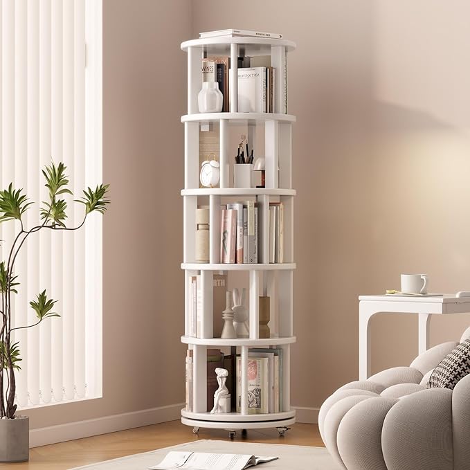 Solid Wood Rotating Bookshelf on Wheels, 5 Tier, Round Revolving Bookcase, 360° Spinning Book Shelf Tower for Kids, Narrow Rolling Bookshelves for Small Space, Corner, Bedroom, Office