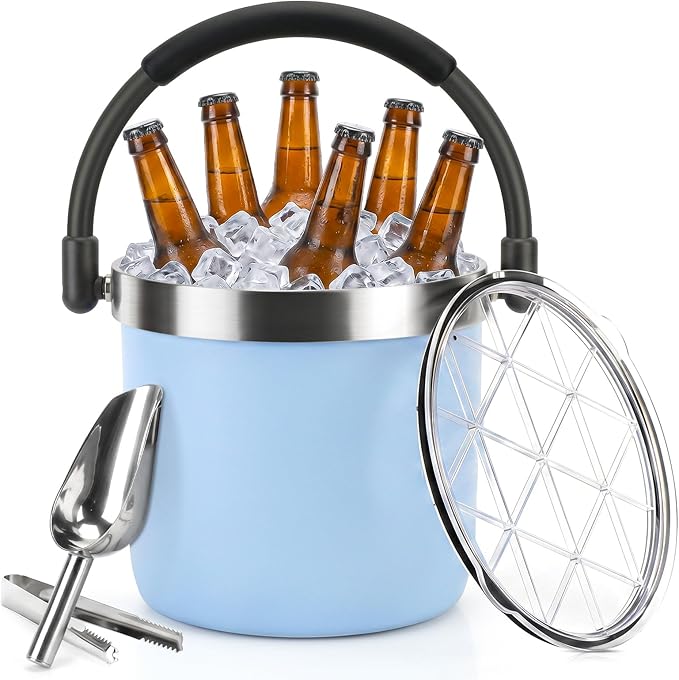 256 oz / 7L Insulated Ice Bucket with Lid and Handle, Stainless Steel Beverage Bucket for Beer, Wine & Champagne, Double Wall Vacuum Cooler for Parties, Patio & Outdoor Entertaining