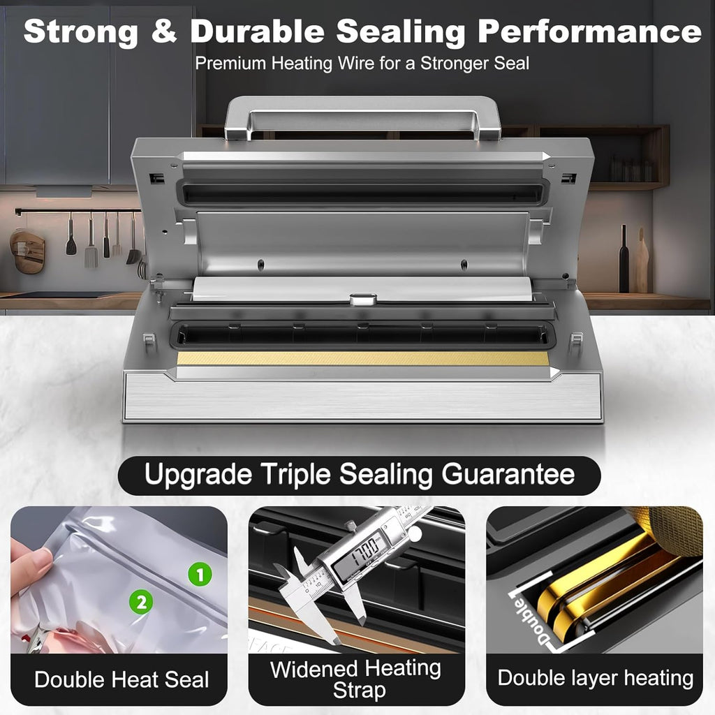 Precision Food Vacuum Sealer Machine, Fully Automatic Vacuum Sealing System, Commercial Food Vacuum Saver Pro, Double Heat Seal, Easy-Lock Handle, Built-in Cutter&Bag Storage, Hose&Bag Rolls