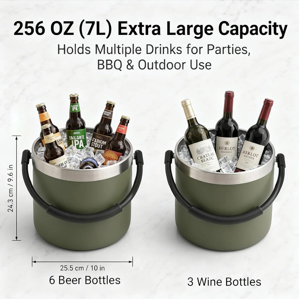 256 oz / 7L Insulated Ice Bucket with Lid and Handle, Stainless Steel Beverage Bucket for Beer, Wine & Champagne, Double Wall Vacuum Cooler for Parties, Patio & Outdoor Entertaining