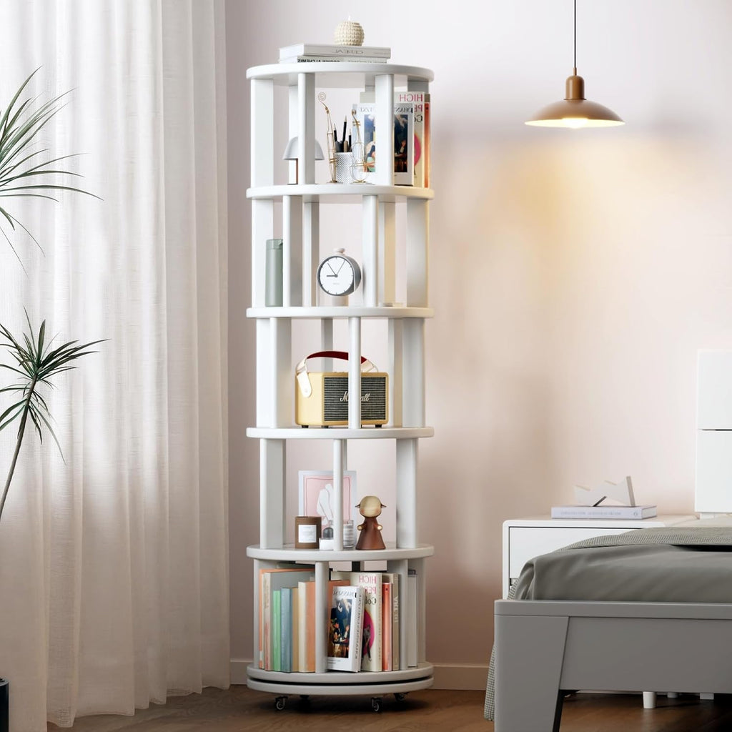 Solid Wood Rotating Bookshelf on Wheels, 5 Tier, Round Revolving Bookcase, 360° Spinning Book Shelf Tower for Kids, Narrow Rolling Bookshelves for Small Space, Corner, Bedroom, Office