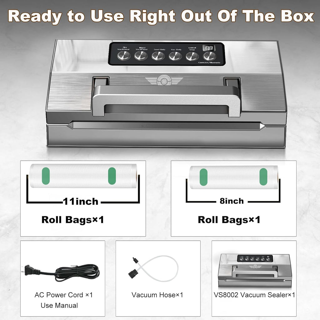 Precision Food Vacuum Sealer Machine, Fully Automatic Vacuum Sealing System, Commercial Food Vacuum Saver Pro, Double Heat Seal, Easy-Lock Handle, Built-in Cutter&Bag Storage, Hose&Bag Rolls