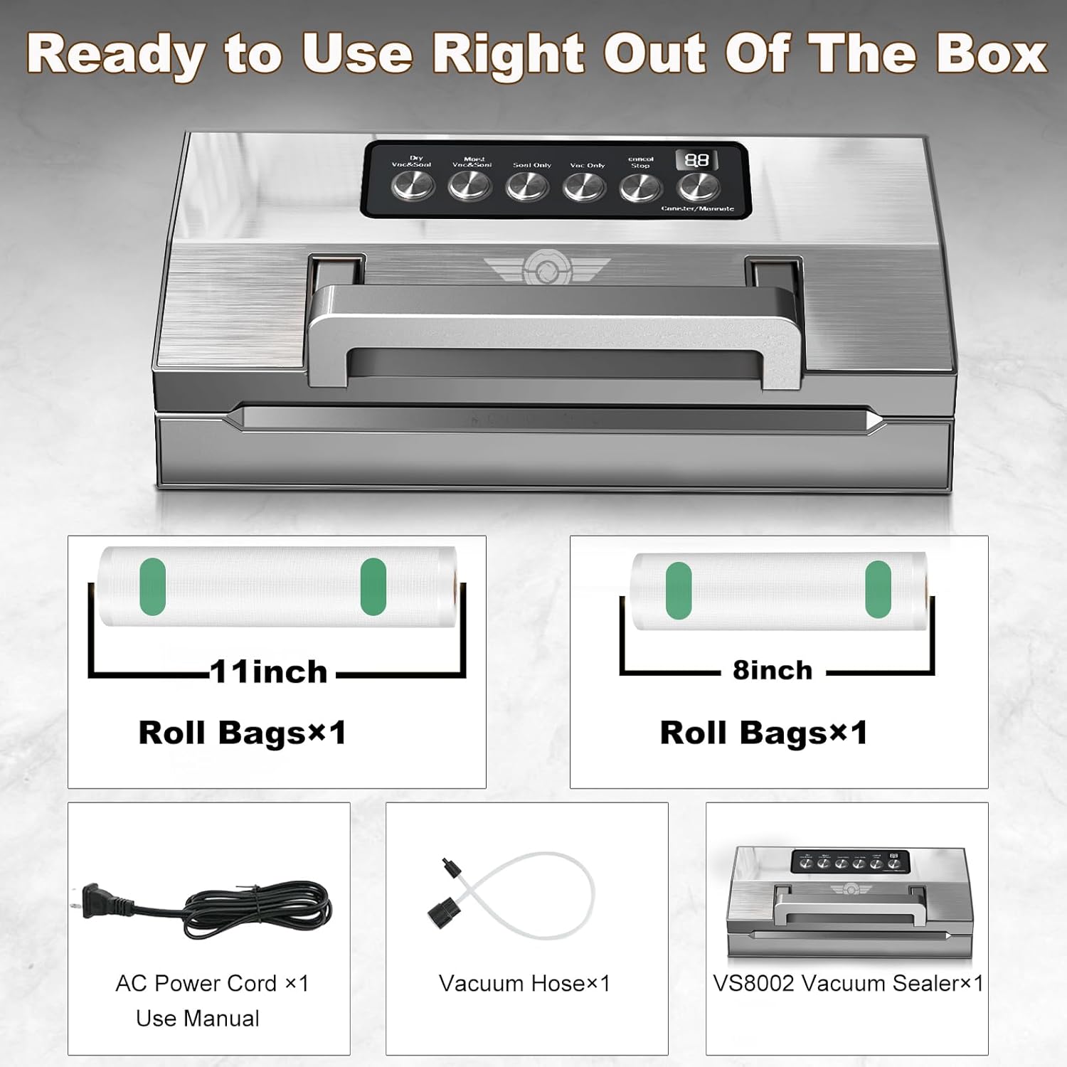 Precision Food Vacuum Sealer Machine, Fully Automatic Vacuum Sealing System, Commercial Food Vacuum Saver Pro, Double Heat Seal, Easy-Lock Handle, Built-in Cutter&Bag Storage, Hose&Bag Rolls