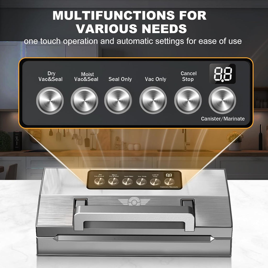 Precision Food Vacuum Sealer Machine, Fully Automatic Vacuum Sealing System, Commercial Food Vacuum Saver Pro, Double Heat Seal, Easy-Lock Handle, Built-in Cutter&Bag Storage, Hose&Bag Rolls