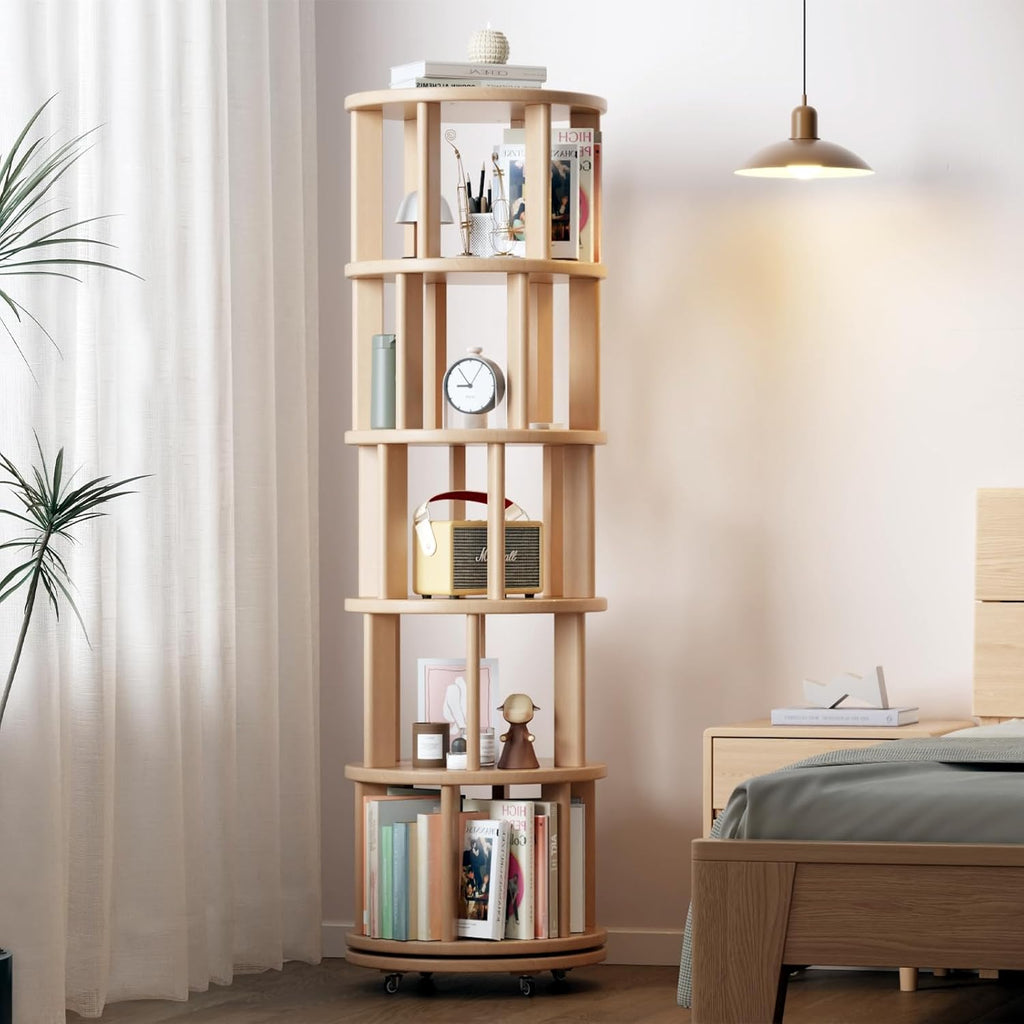 Solid Wood Rotating Bookshelf on Wheels, 5 Tier, Round Revolving Bookcase, 360° Spinning Book Shelf Tower for Kids, Narrow Rolling Bookshelves for Small Space, Corner, Bedroom, Office