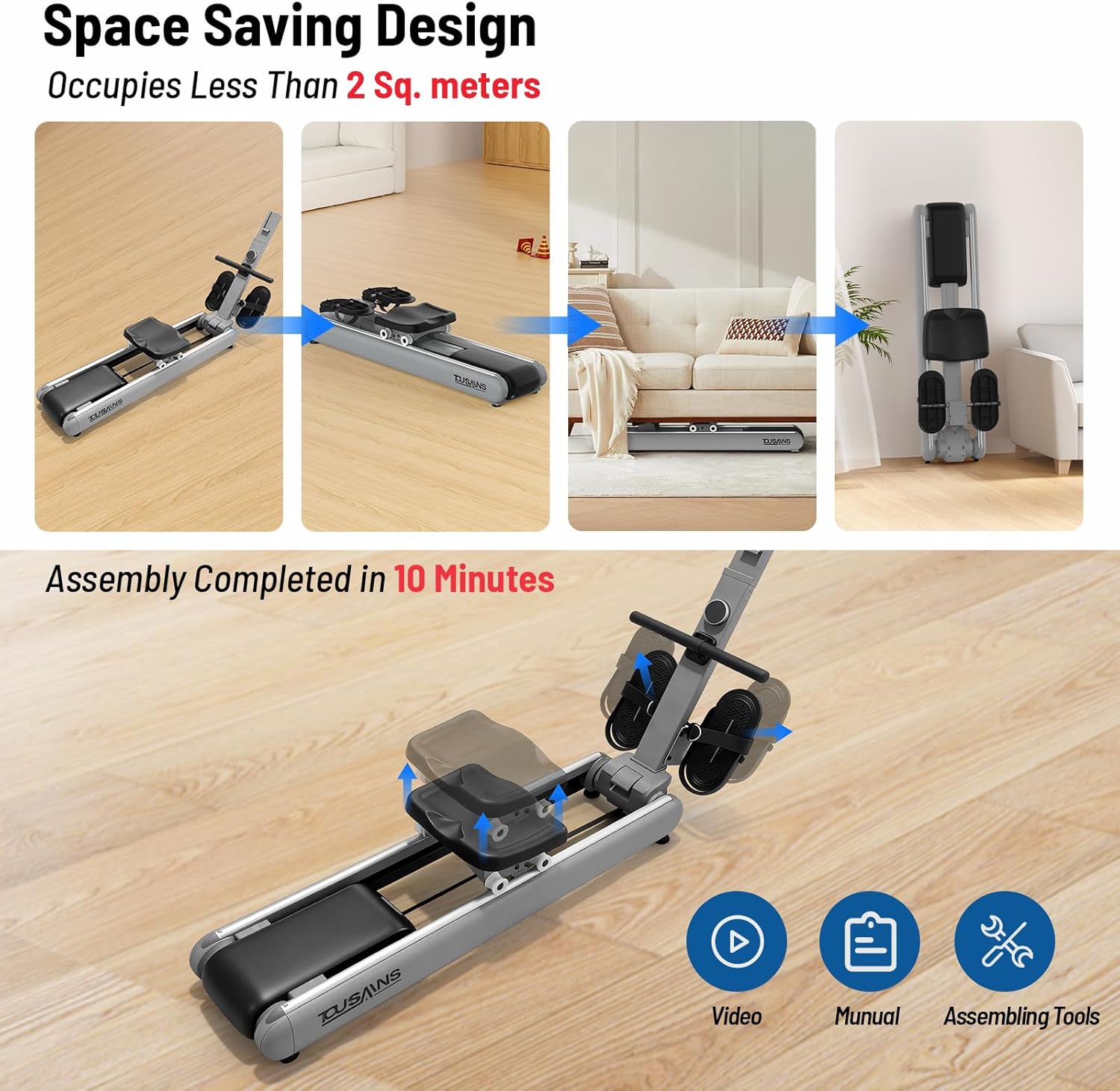 ER7 Self-Powered Rowing Machine, Magnetic Folding Rowing Machine for Home with 32 Resistance Levels, Quiet Dual Rail Foldable Rower for Full Body Workout