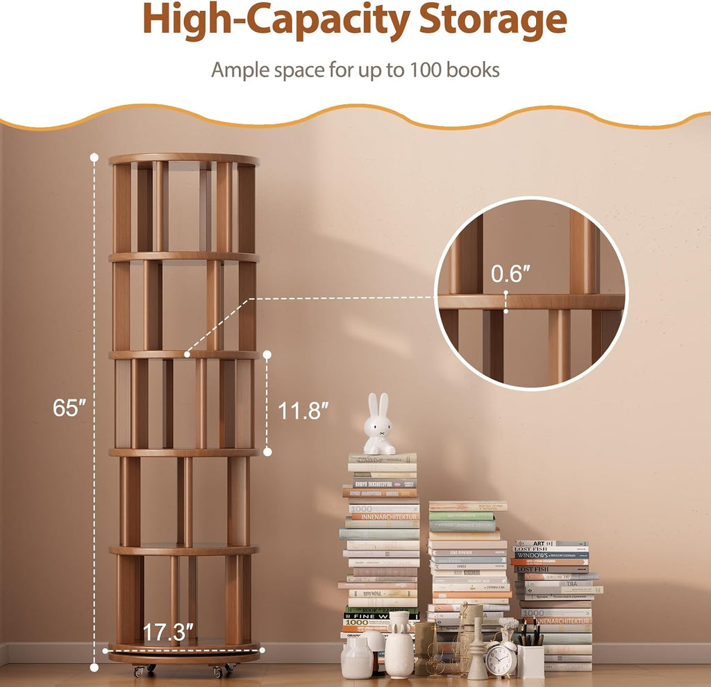 Solid Wood Rotating Bookshelf on Wheels, 5 Tier, Round Revolving Bookcase, 360° Spinning Book Shelf Tower for Kids, Narrow Rolling Bookshelves for Small Space, Corner, Bedroom, Office