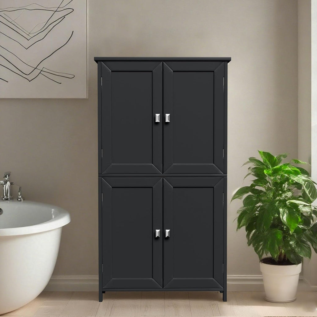 Bathroom Storage Cabinet, Floor Cabinet with 4 Fluted Doors and 2 Adjustable Shelves Wooden Tall Freestanding Organizers and Storage