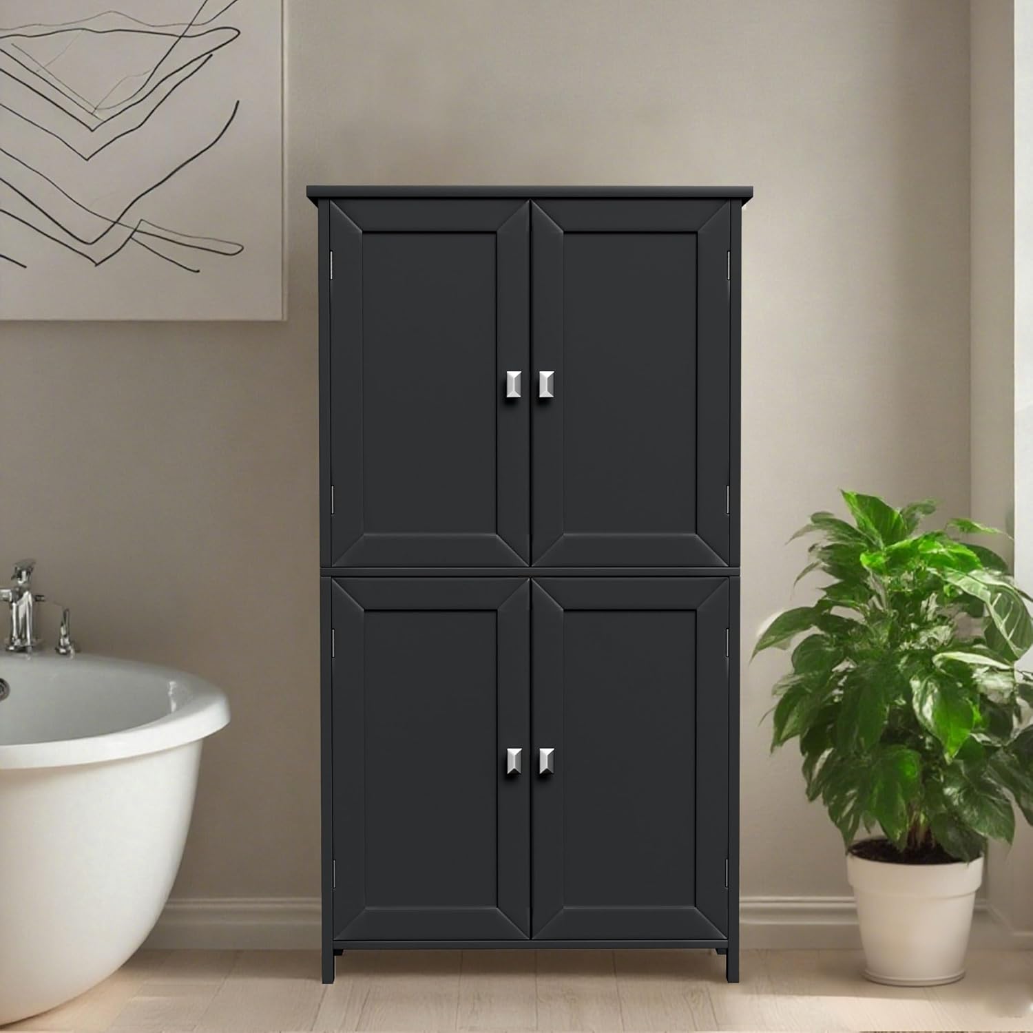 Bathroom Storage Cabinet, Floor Cabinet with 4 Fluted Doors and 2 Adjustable Shelves Wooden Tall Freestanding Organizers and Storage