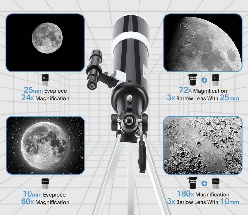 80mm 600mm Telescope for Adults & Beginners, AZ Mount Stargazing | 80mm 600mm telescope for adults and beginners; fully multi-coated high-transmission optics, phone adapter, remote and bag