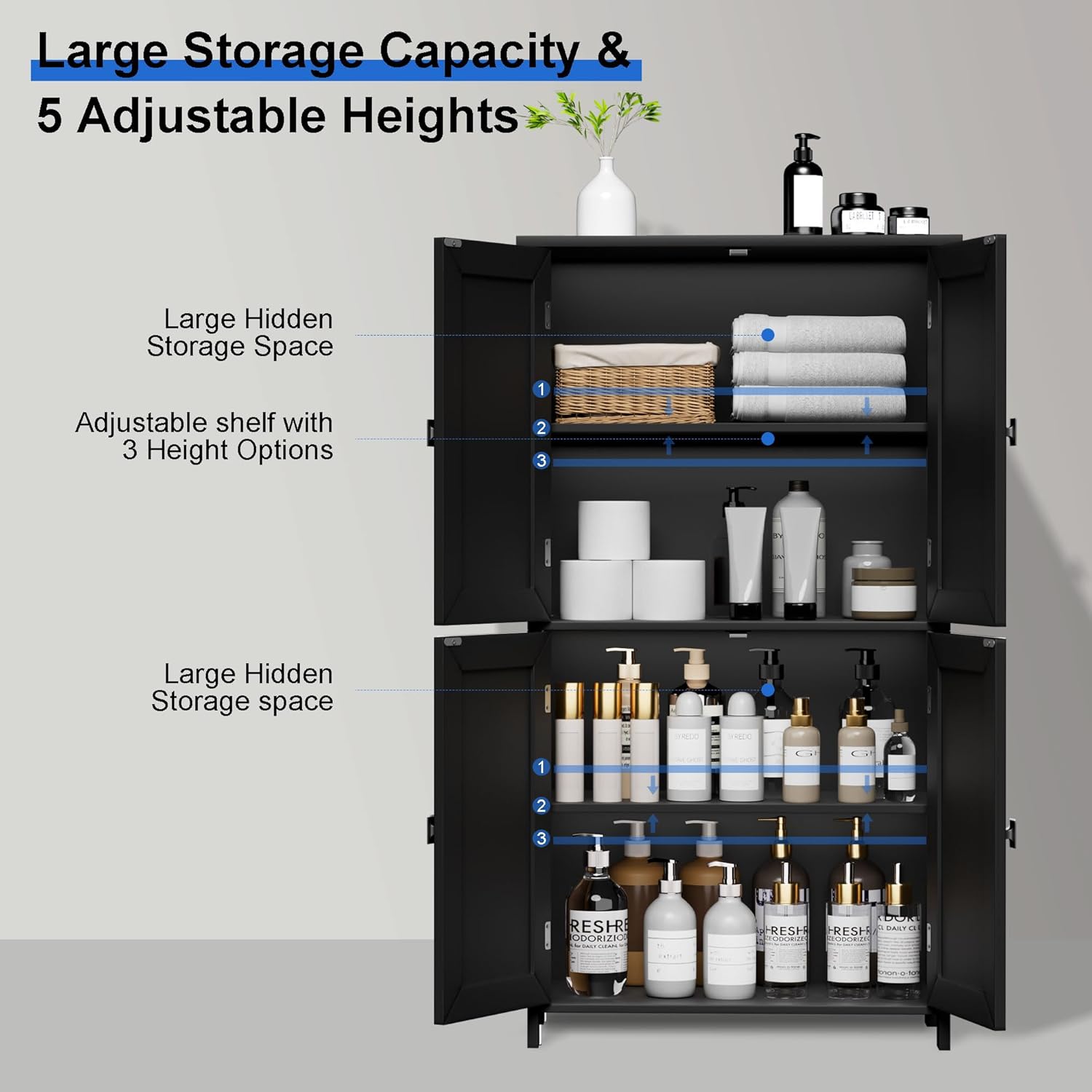 Bathroom Storage Cabinet, Floor Cabinet with 4 Fluted Doors and 2 Adjustable Shelves Wooden Tall Freestanding Organizers and Storage