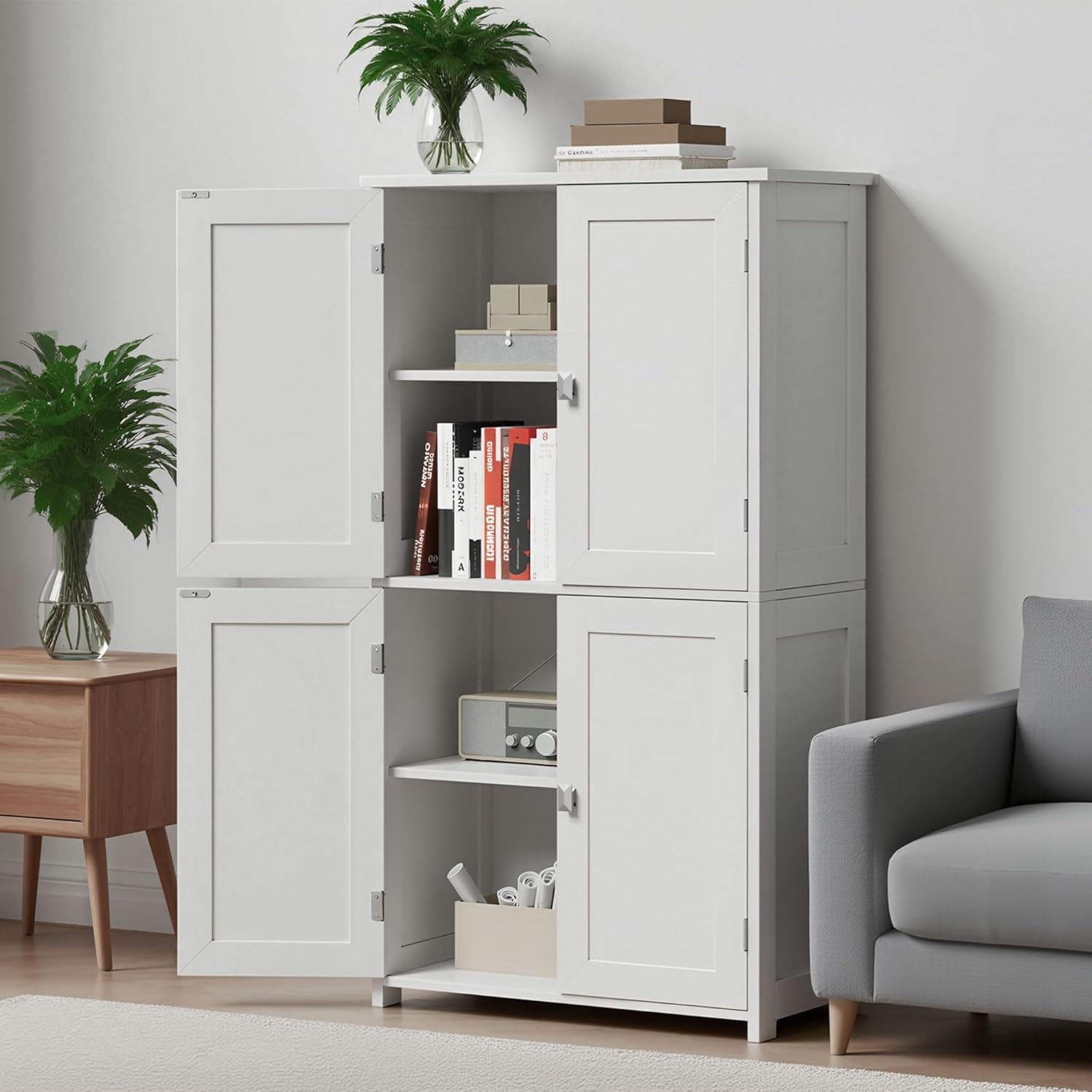 Bathroom Storage Cabinet, Floor Cabinet with 4 Fluted Doors and 2 Adjustable Shelves Wooden Tall Freestanding Organizers and Storage