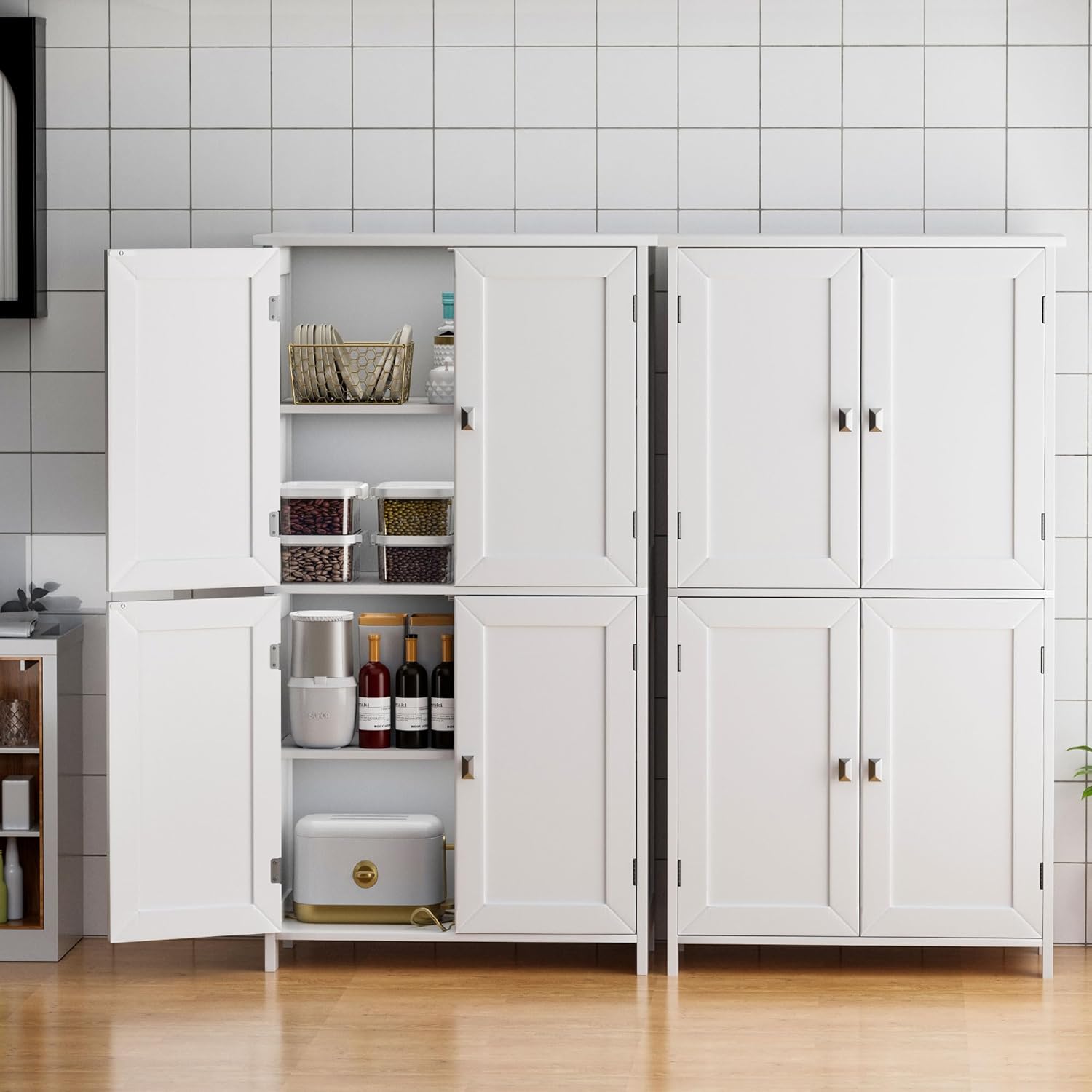 Bathroom Storage Cabinet, Floor Cabinet with 4 Fluted Doors and 2 Adjustable Shelves Wooden Tall Freestanding Organizers and Storage