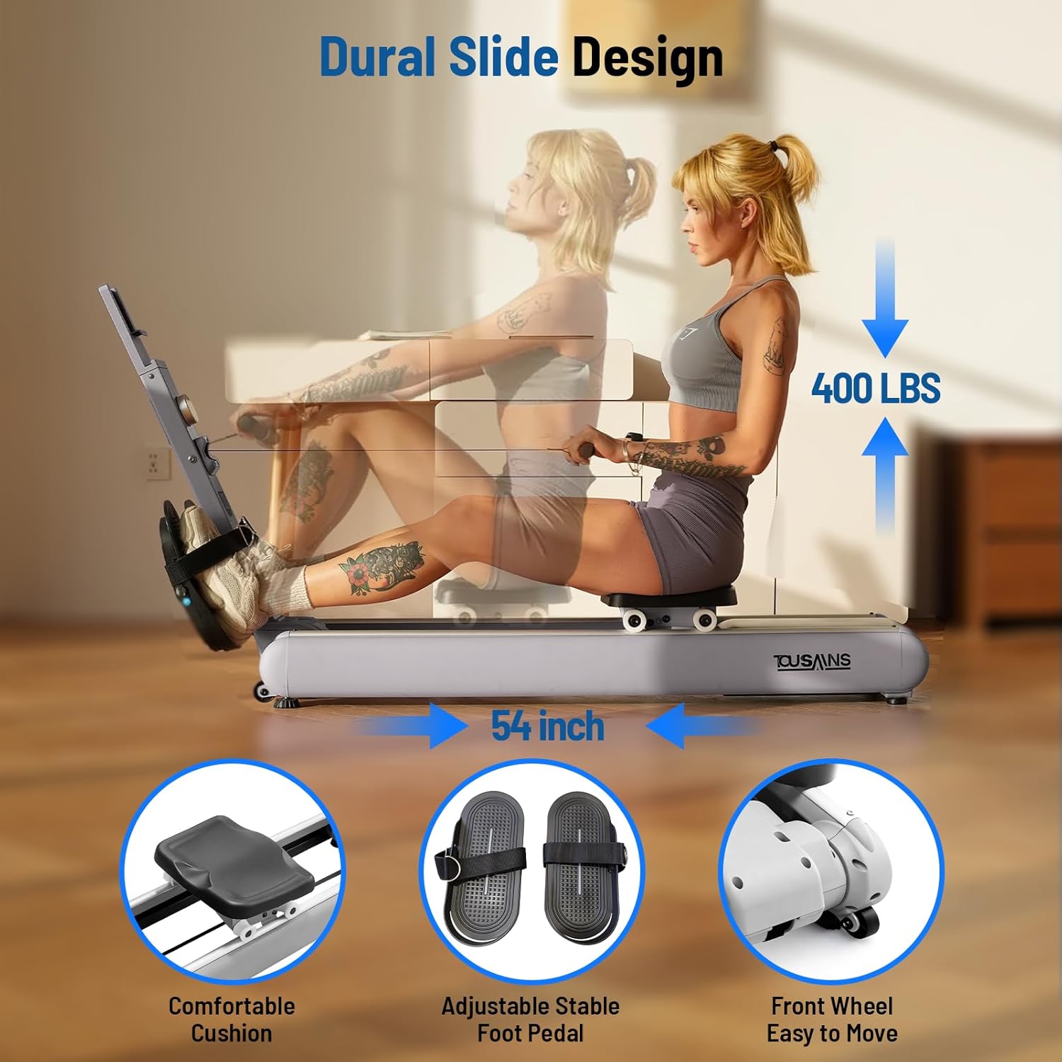 ER7 Self-Powered Rowing Machine, Magnetic Folding Rowing Machine for Home with 32 Resistance Levels, Quiet Dual Rail Foldable Rower for Full Body Workout