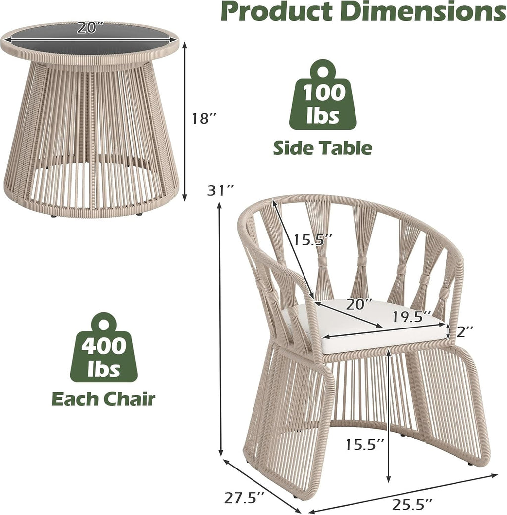 3 Piece Patio Leisure Chair Set, Outdoor Rope-Woven Cushioned Armchairs & Table Set with Tempered Glass Tabletop, for Balcony, Porch, Backyard