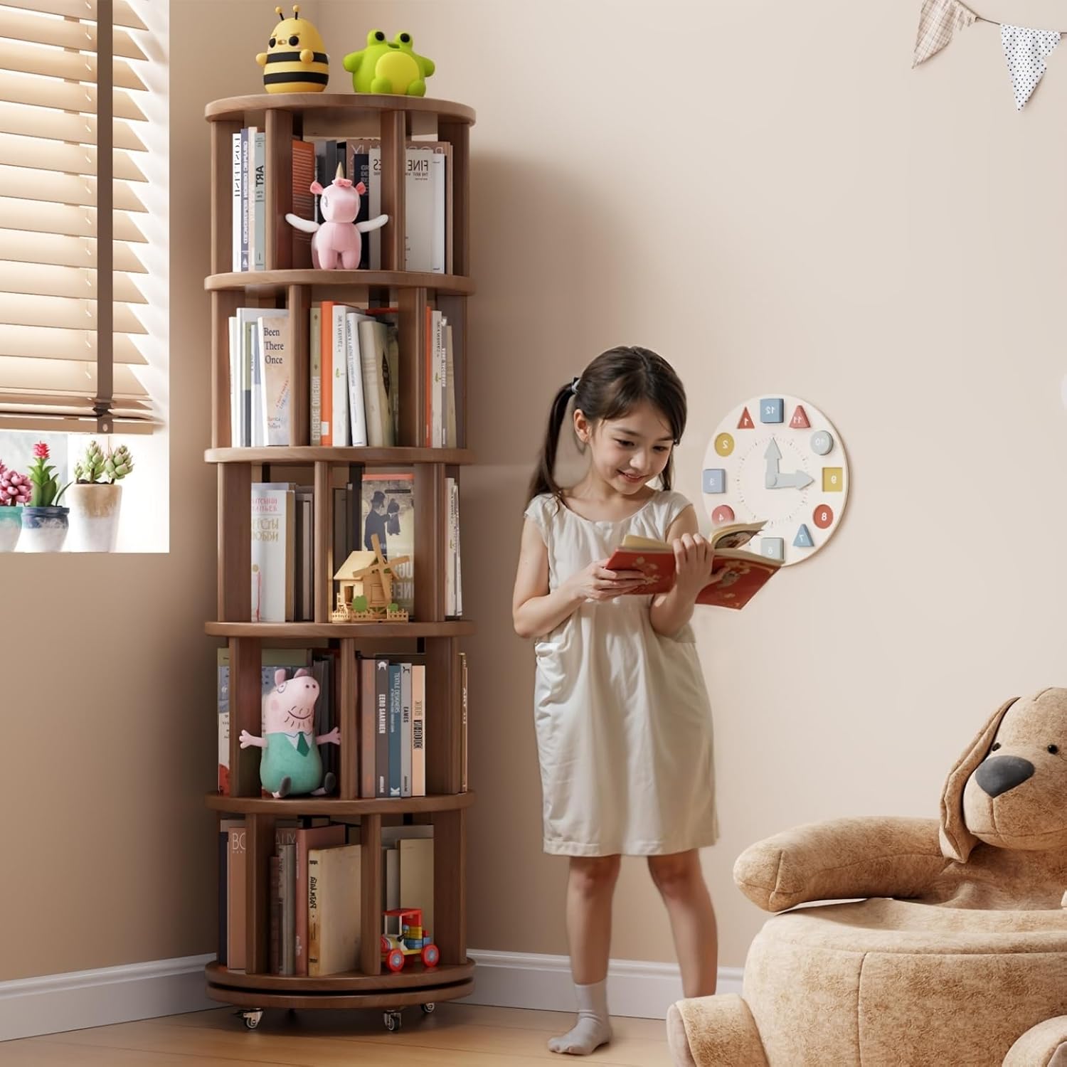 Solid Wood Rotating Bookshelf on Wheels, 5 Tier, Round Revolving Bookcase, 360° Spinning Book Shelf Tower for Kids, Narrow Rolling Bookshelves for Small Space, Corner, Bedroom, Office