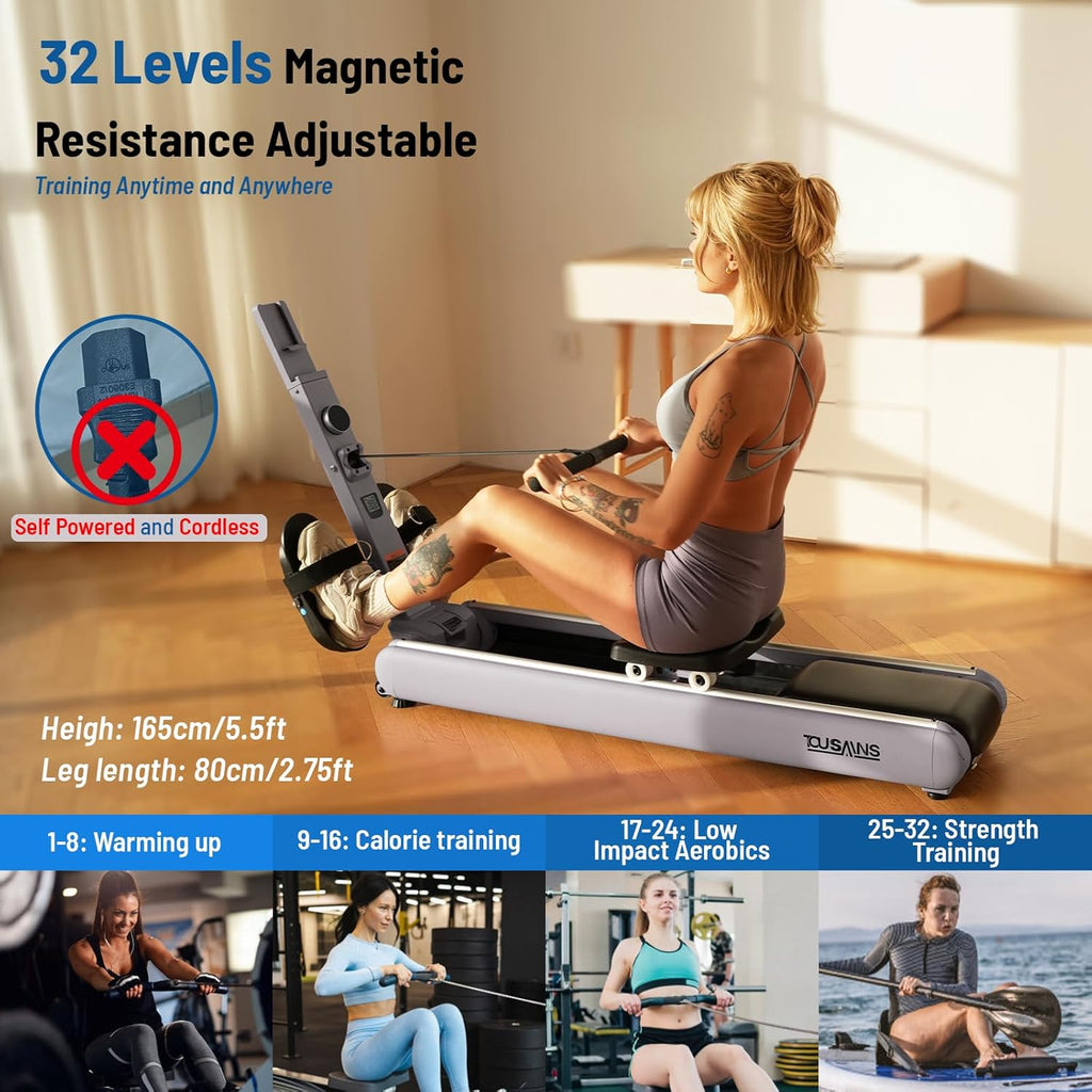 ER7 Self-Powered Rowing Machine, Magnetic Folding Rowing Machine for Home with 32 Resistance Levels, Quiet Dual Rail Foldable Rower for Full Body Workout