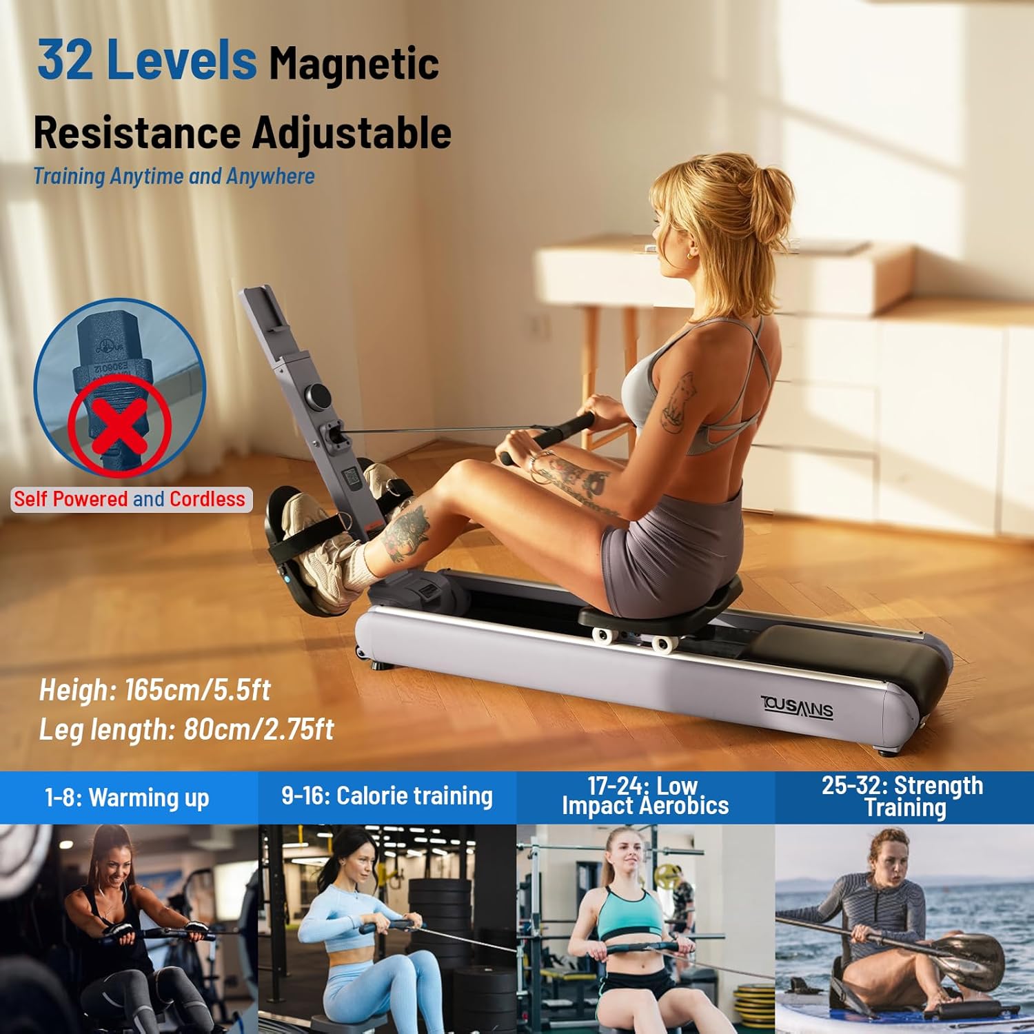 ER7 Self-Powered Rowing Machine, Magnetic Folding Rowing Machine for Home with 32 Resistance Levels, Quiet Dual Rail Foldable Rower for Full Body Workout
