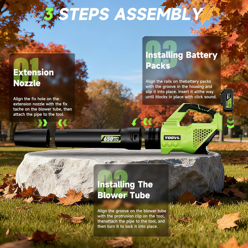 Leaf Blower Cordless, 650CFM Electric Leaf Blowers with 2 x 5.2Ah Batteries and Charger, 3 Speed Modes, 1 x Adjustable Shoulder Strap, Powerful Snow Blowers for Lawn Care, Patio, Dust, Blowing Leaves