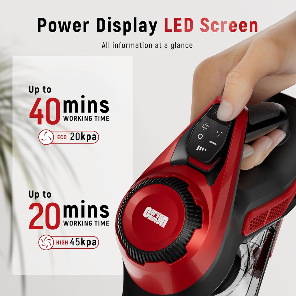 Cordless Vacuum Cleaner for Home, Stick Vacuum 45Kpa, Smart Display & 1.5L Dust Cup, MAX 40mins Runtime, Rechargeable Lightweight Handheld Vavuum for Pet Hair/Carpet/Hardwood Floor/Car