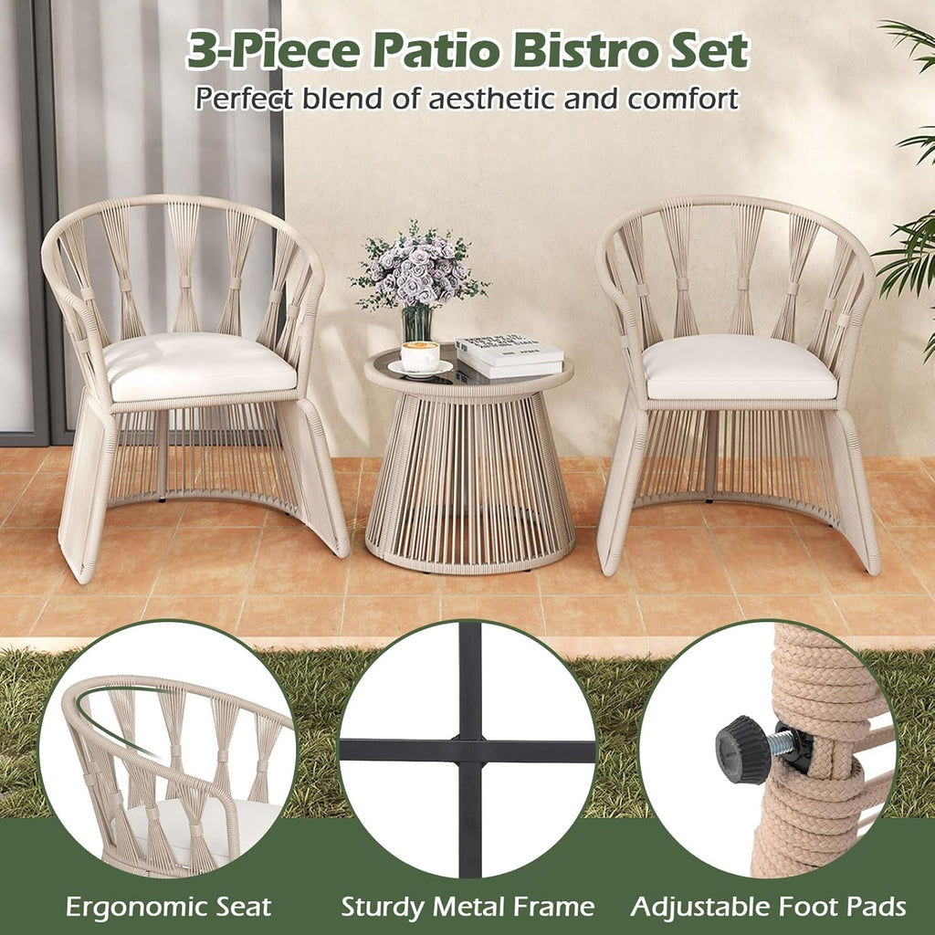 3 Piece Patio Leisure Chair Set, Outdoor Rope-Woven Cushioned Armchairs & Table Set with Tempered Glass Tabletop, for Balcony, Porch, Backyard