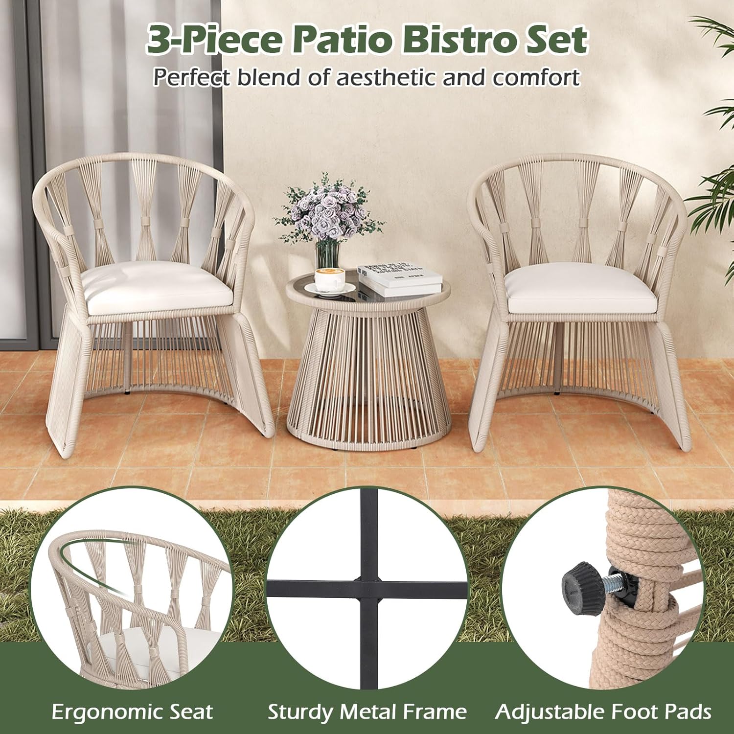 3 Piece Patio Leisure Chair Set, Outdoor Rope-Woven Cushioned Armchairs & Table Set with Tempered Glass Tabletop, for Balcony, Porch, Backyard