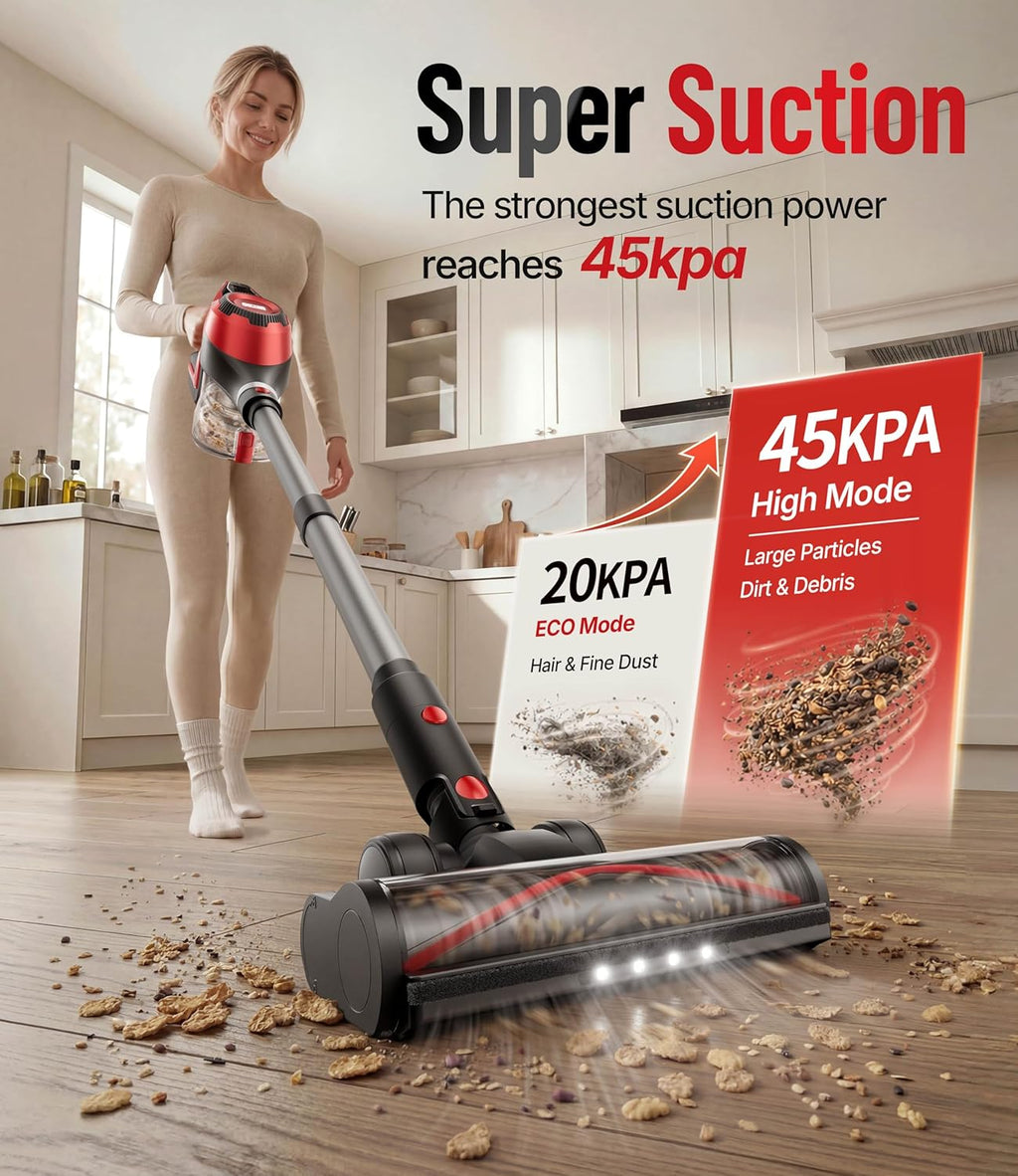 Cordless Vacuum Cleaner for Home, Stick Vacuum 45Kpa, Smart Display & 1.5L Dust Cup, MAX 40mins Runtime, Rechargeable Lightweight Handheld Vavuum for Pet Hair/Carpet/Hardwood Floor/Car