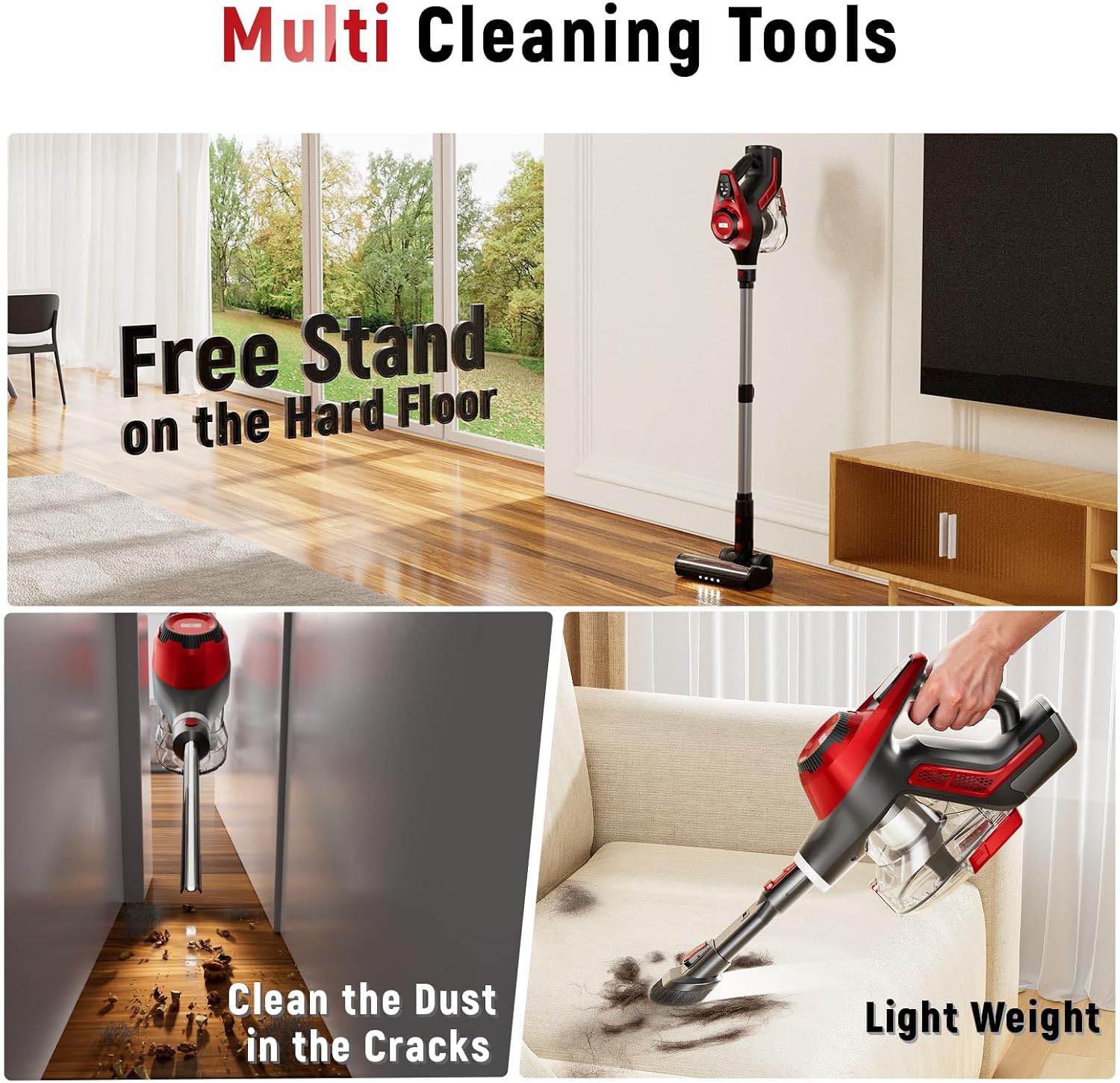 Cordless Vacuum Cleaner for Home, Stick Vacuum 45Kpa, Smart Display & 1.5L Dust Cup, MAX 40mins Runtime, Rechargeable Lightweight Handheld Vavuum for Pet Hair/Carpet/Hardwood Floor/Car