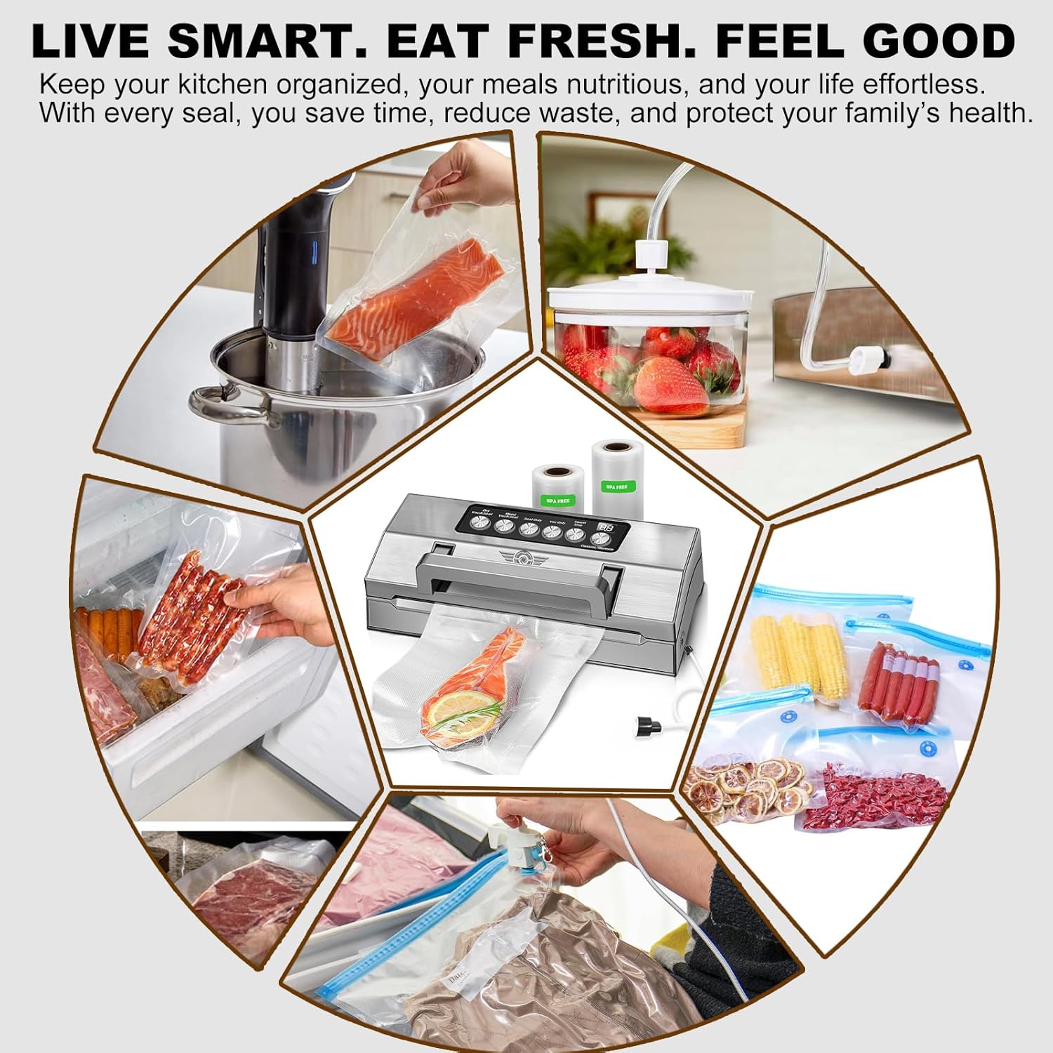 Precision Food Vacuum Sealer Machine, Fully Automatic Vacuum Sealing System, Commercial Food Vacuum Saver Pro, Double Heat Seal, Easy-Lock Handle, Built-in Cutter&Bag Storage, Hose&Bag Rolls