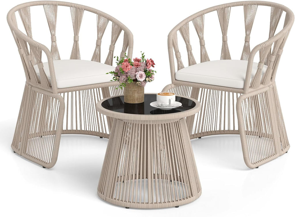 3 Piece Patio Leisure Chair Set, Outdoor Rope-Woven Cushioned Armchairs & Table Set with Tempered Glass Tabletop, for Balcony, Porch, Backyard
