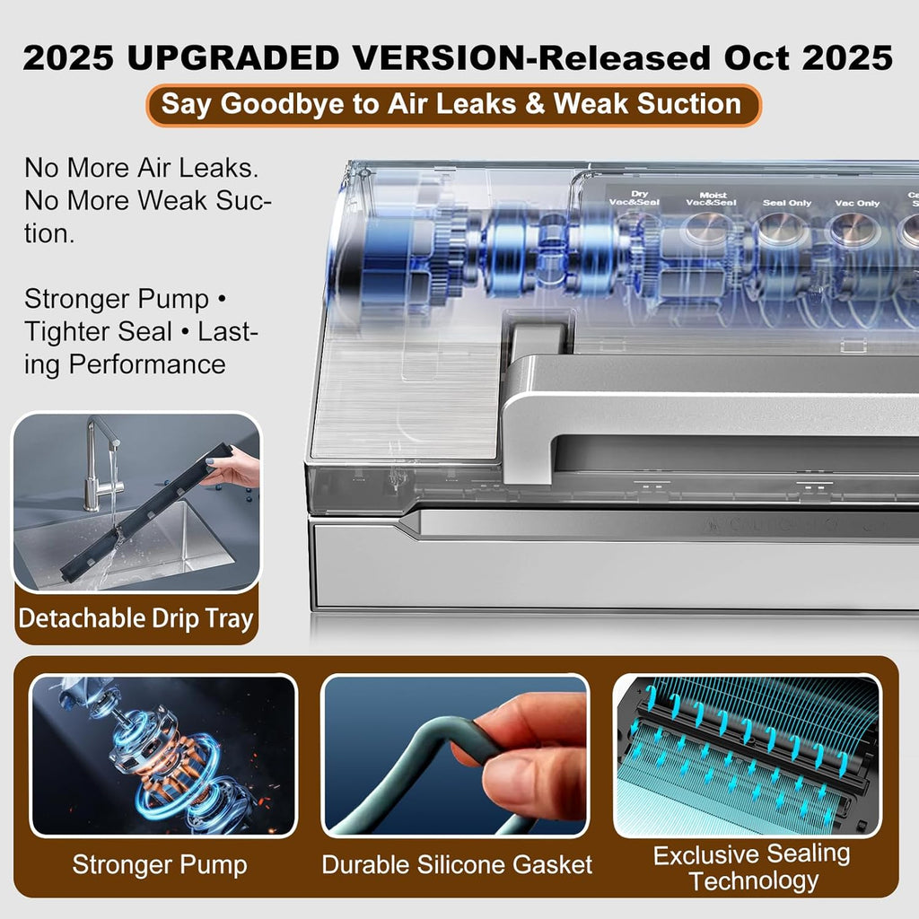 Precision Food Vacuum Sealer Machine, Fully Automatic Vacuum Sealing System, Commercial Food Vacuum Saver Pro, Double Heat Seal, Easy-Lock Handle, Built-in Cutter&Bag Storage, Hose&Bag Rolls