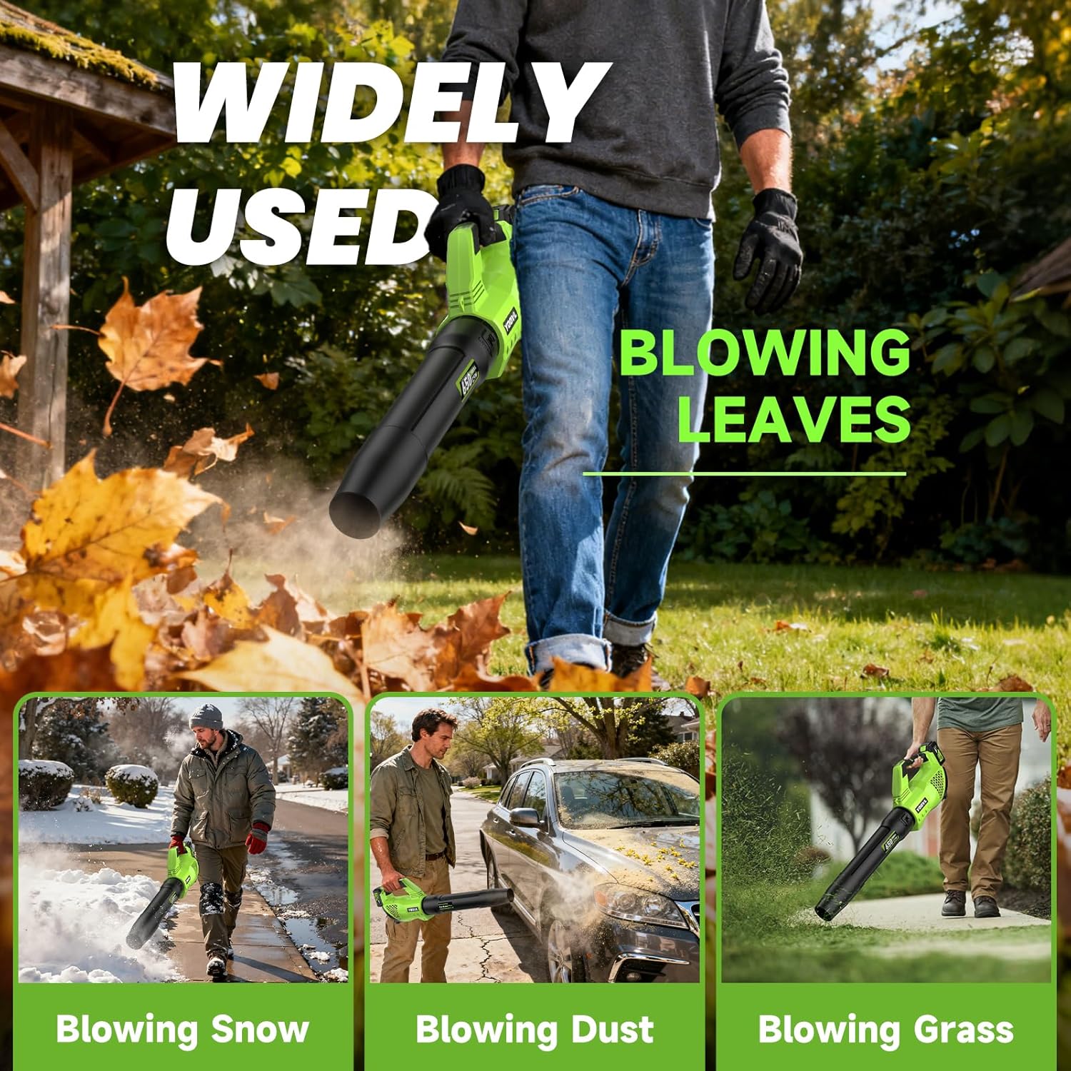 Leaf Blower Cordless, 650CFM Electric Leaf Blowers with 2 x 5.2Ah Batteries and Charger, 3 Speed Modes, 1 x Adjustable Shoulder Strap, Powerful Snow Blowers for Lawn Care, Patio, Dust, Blowing Leaves