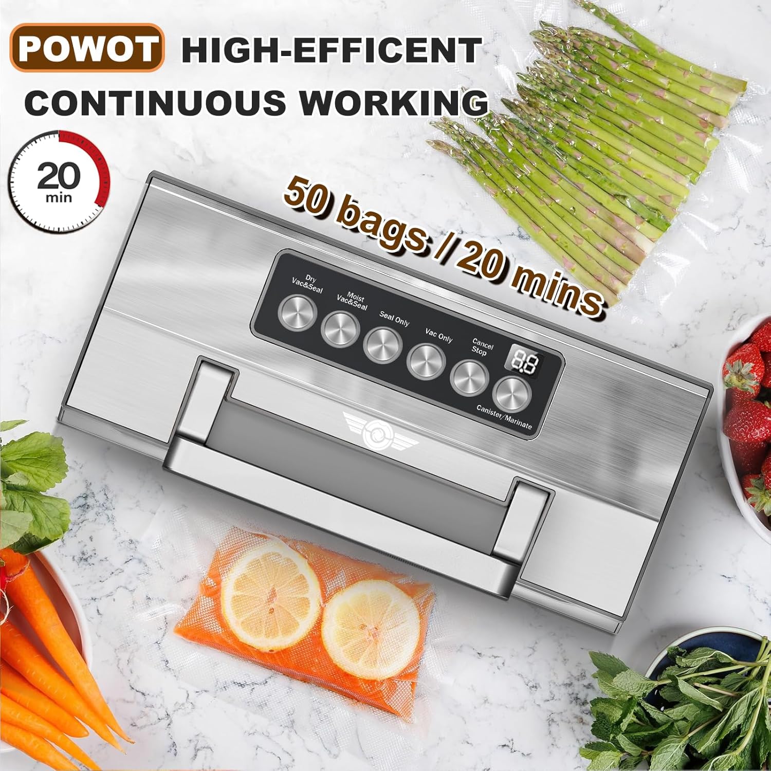 Precision Food Vacuum Sealer Machine, Fully Automatic Vacuum Sealing System, Commercial Food Vacuum Saver Pro, Double Heat Seal, Easy-Lock Handle, Built-in Cutter&Bag Storage, Hose&Bag Rolls