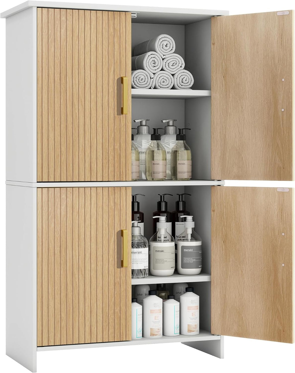Bathroom Storage Cabinet, Floor Cabinet with 4 Fluted Doors and 2 Adjustable Shelves Wooden Tall Freestanding Organizers and Storage