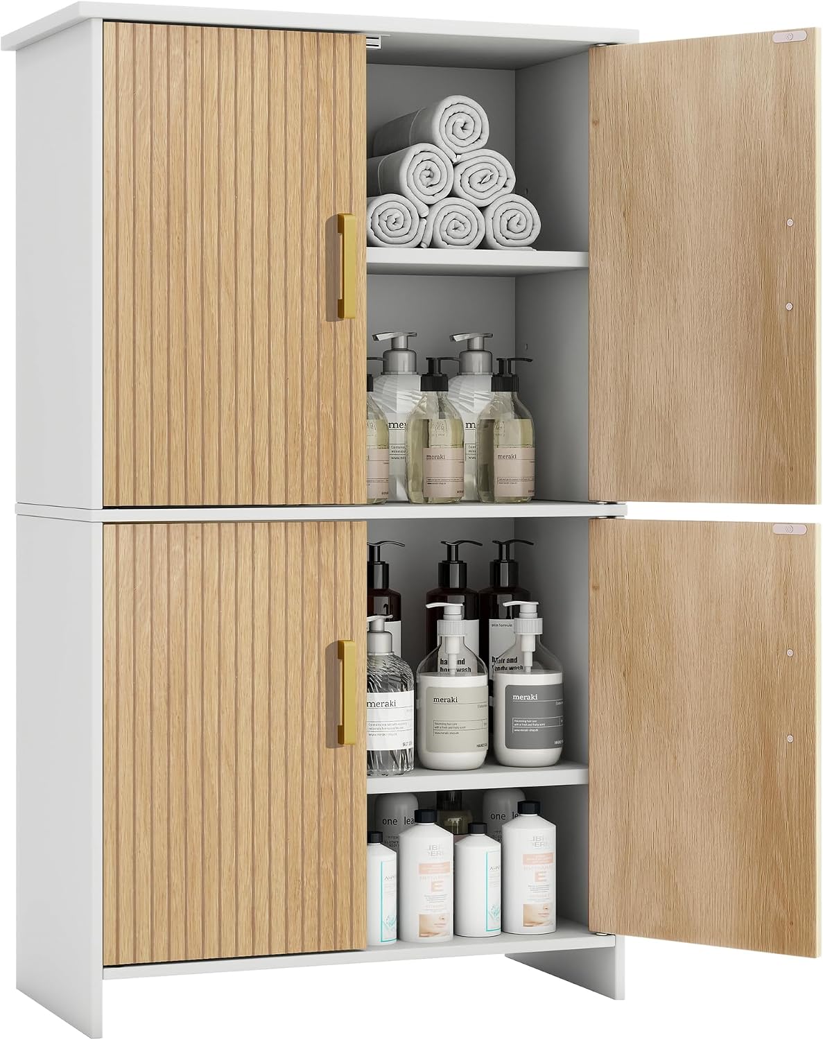 Bathroom Storage Cabinet, Floor Cabinet with 4 Fluted Doors and 2 Adjustable Shelves Wooden Tall Freestanding Organizers and Storage