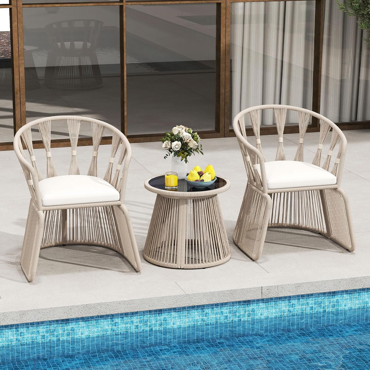 3 Piece Patio Leisure Chair Set, Outdoor Rope-Woven Cushioned Armchairs & Table Set with Tempered Glass Tabletop, for Balcony, Porch, Backyard