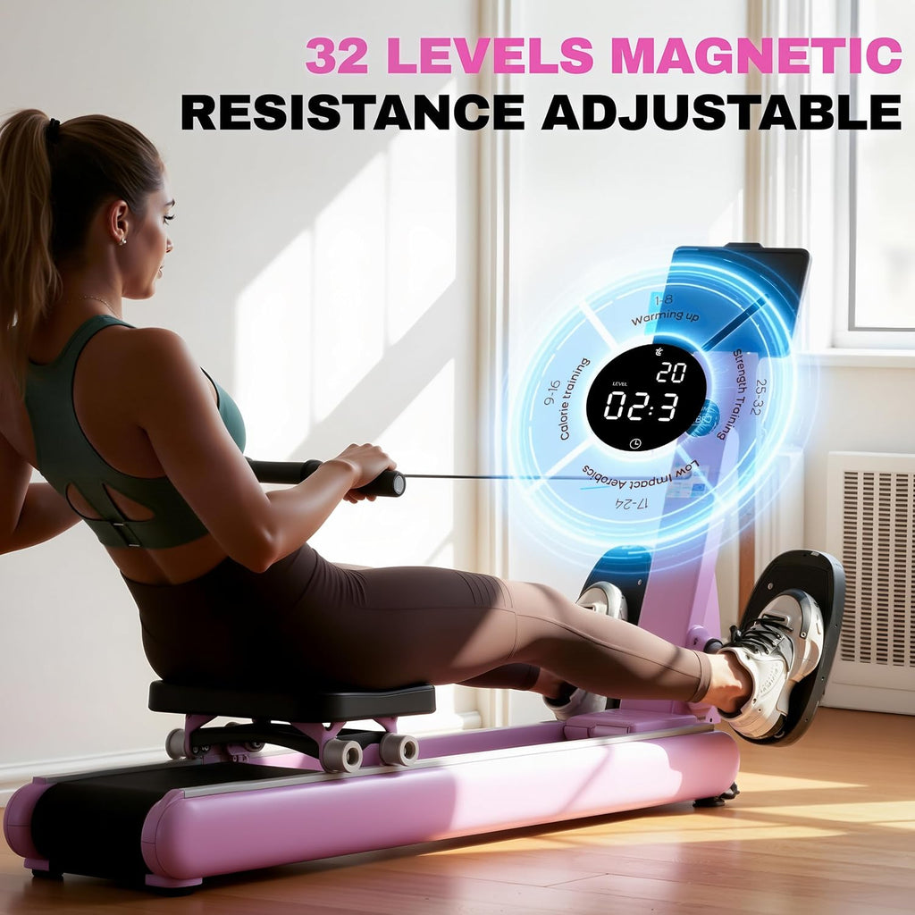 ER7 Self-Powered Rowing Machine, Magnetic Folding Rowing Machine for Home with 32 Resistance Levels, Quiet Dual Rail Foldable Rower for Full Body Workout