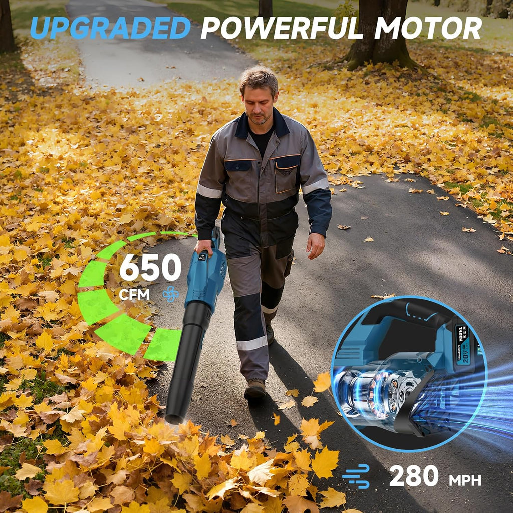 Leaf Blower Cordless, 650CFM Electric Leaf Blowers with 2 x 5.2Ah Batteries and Charger, 3 Speed Modes, 1 x Adjustable Shoulder Strap, Powerful Snow Blowers for Lawn Care, Patio, Dust, Blowing Leaves