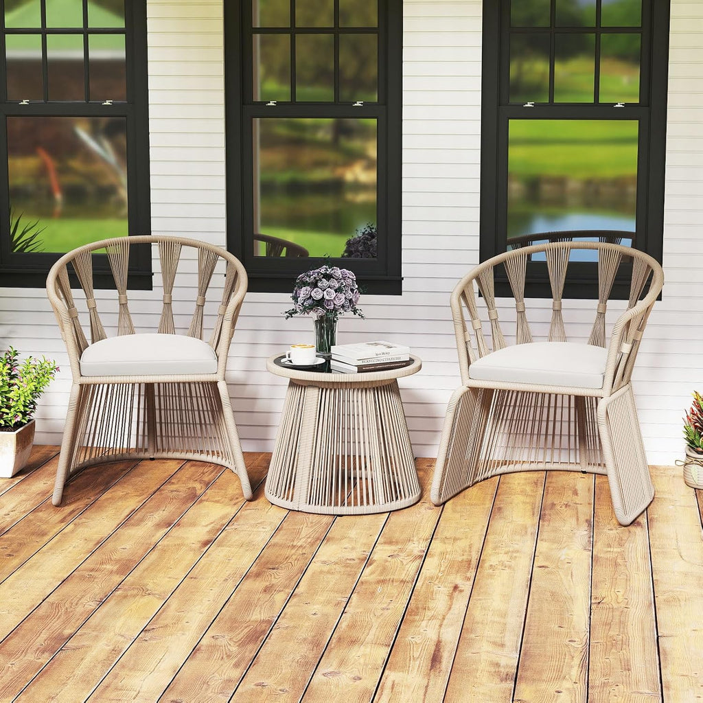 3 Piece Patio Leisure Chair Set, Outdoor Rope-Woven Cushioned Armchairs & Table Set with Tempered Glass Tabletop, for Balcony, Porch, Backyard